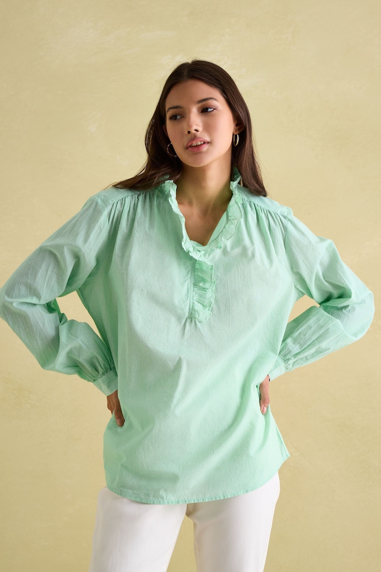 Joules Melanie Green/White Cotton Ruffle Blouse - Image 1 of 7