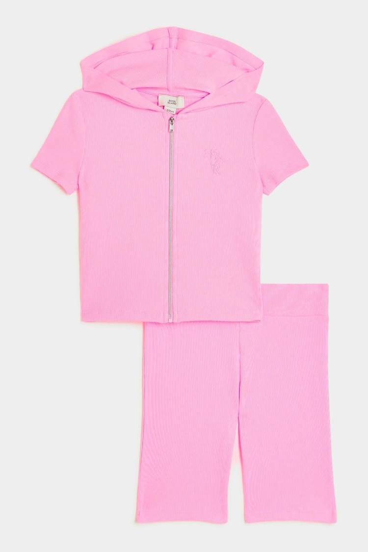 River Island Pink Girls Rib Zip Thru and Cycling Shorts Set - Image 1 of 4