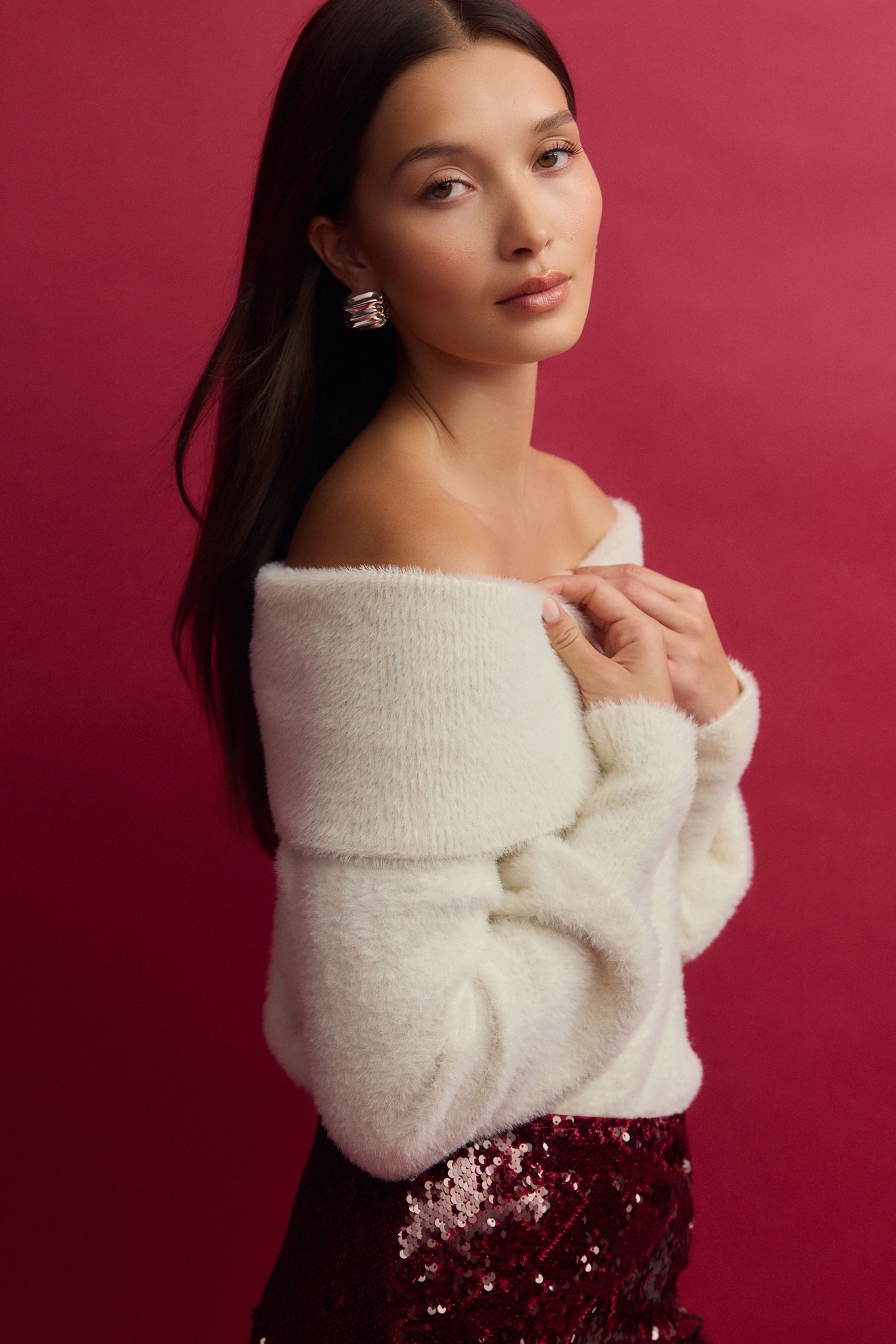 White fluffy bardot jumper on sale