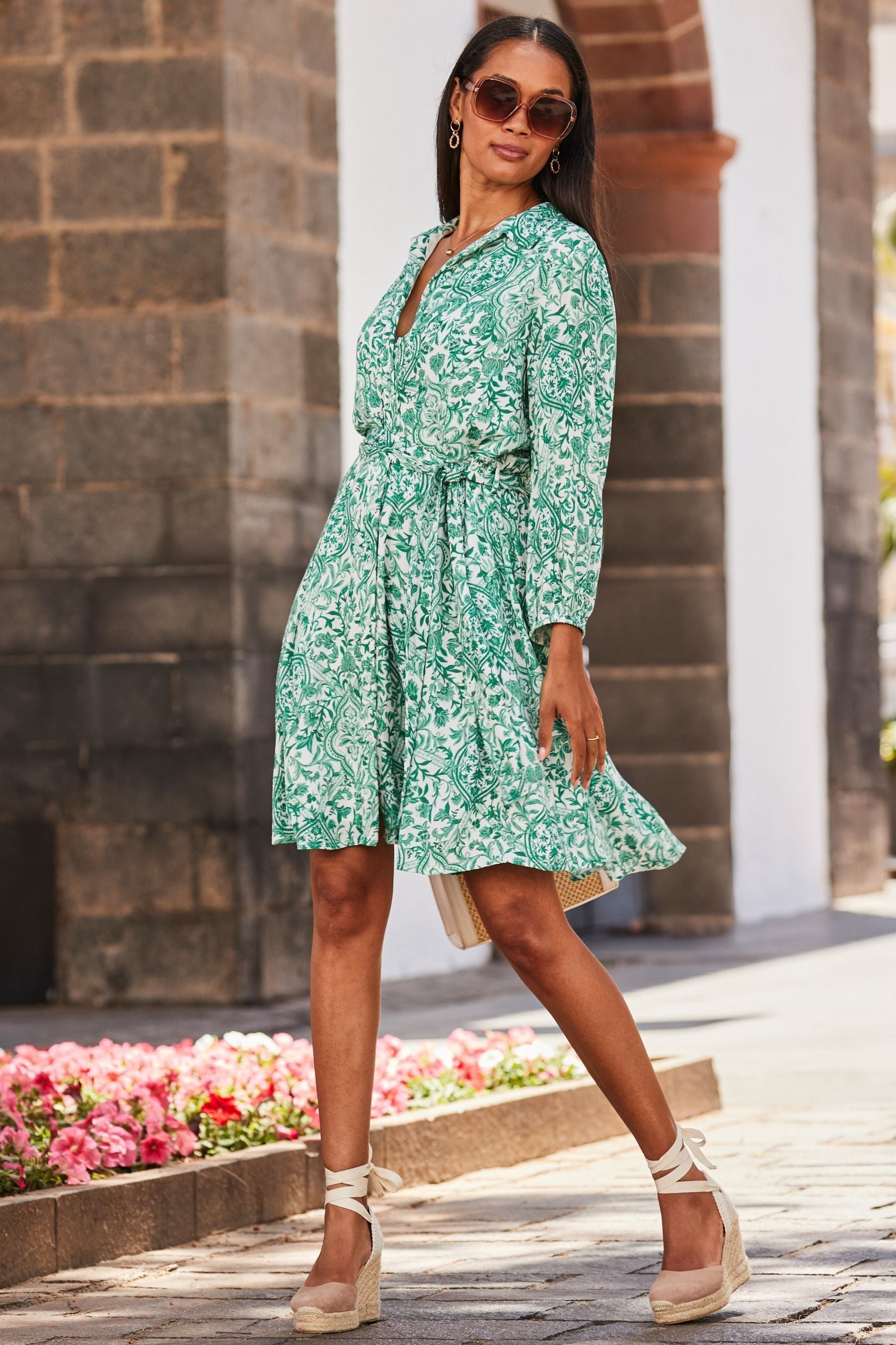 Buy Sosandar Green Baroque Print Crinkle Shirt Dress from the Next UK online shop