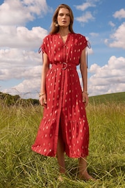 Love & Roses Red Foil Ruched Shoulder Belted Midi Dress - Image 1 of 4