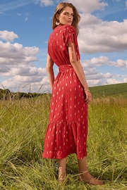 Love & Roses Red Foil Ruched Shoulder Belted Midi Dress - Image 3 of 4