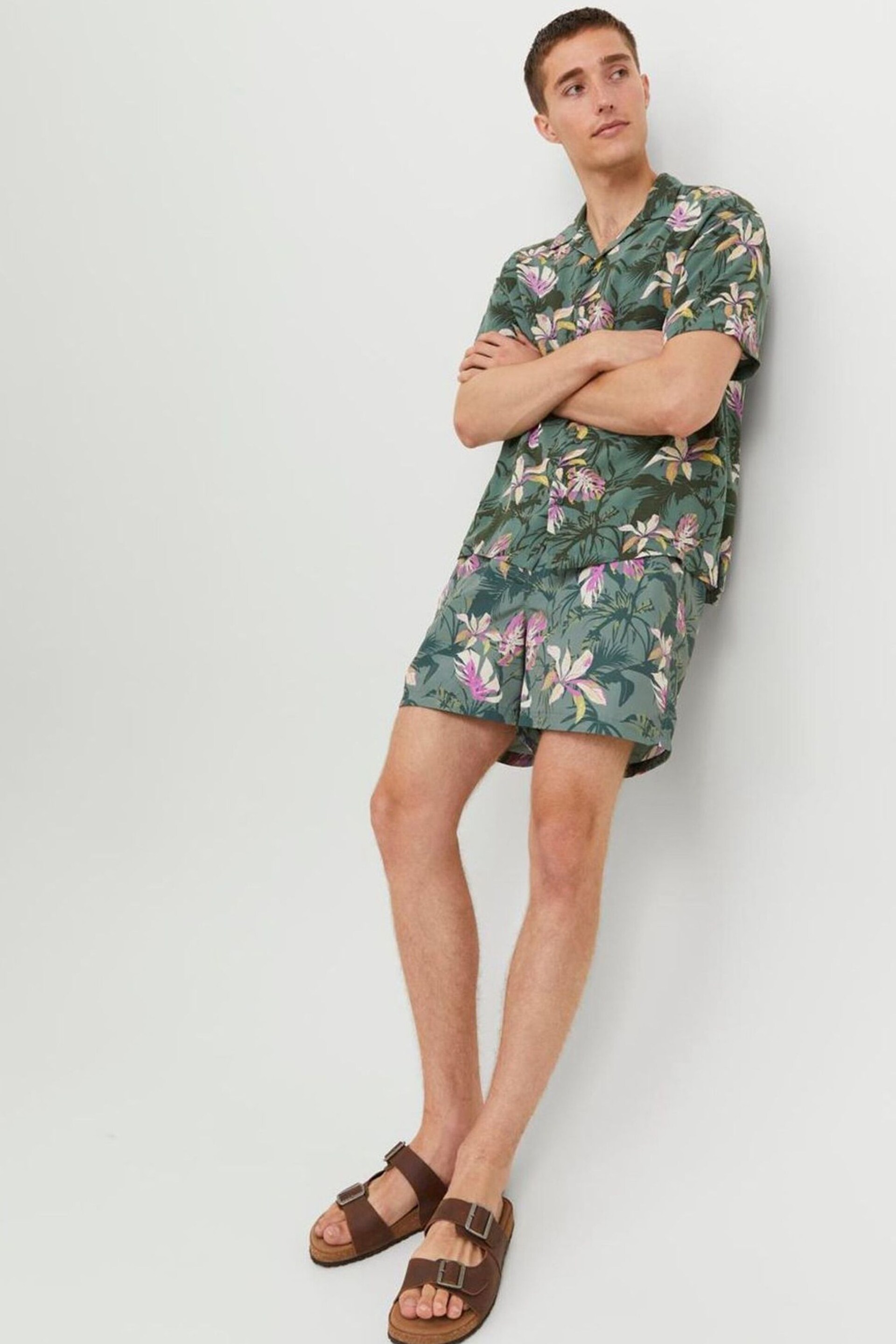 JACK & JONES Green Printed Revere Collar Short Sleeve Summer Shirt - Image 5 of 6