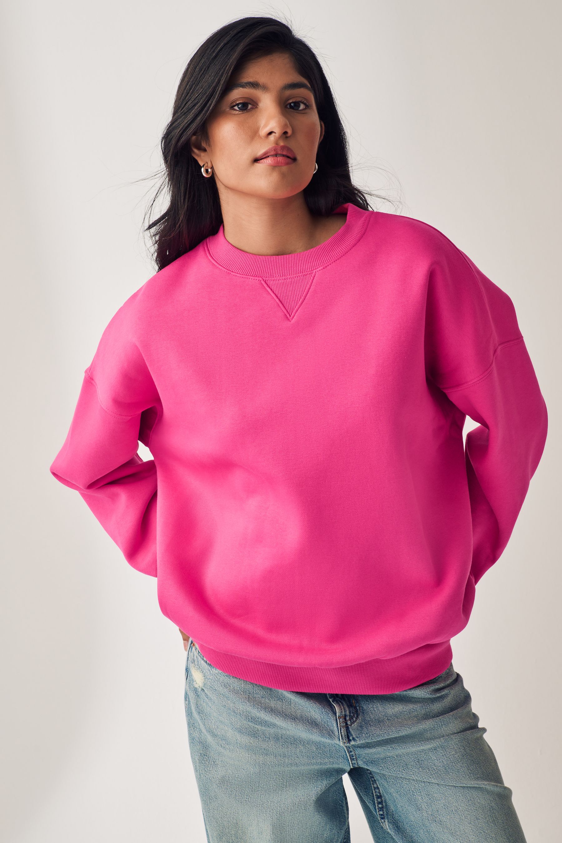 Pink Oversized Relaxed Fit Heavyweight Brushed Longline Crew Neck Sweatshirt
