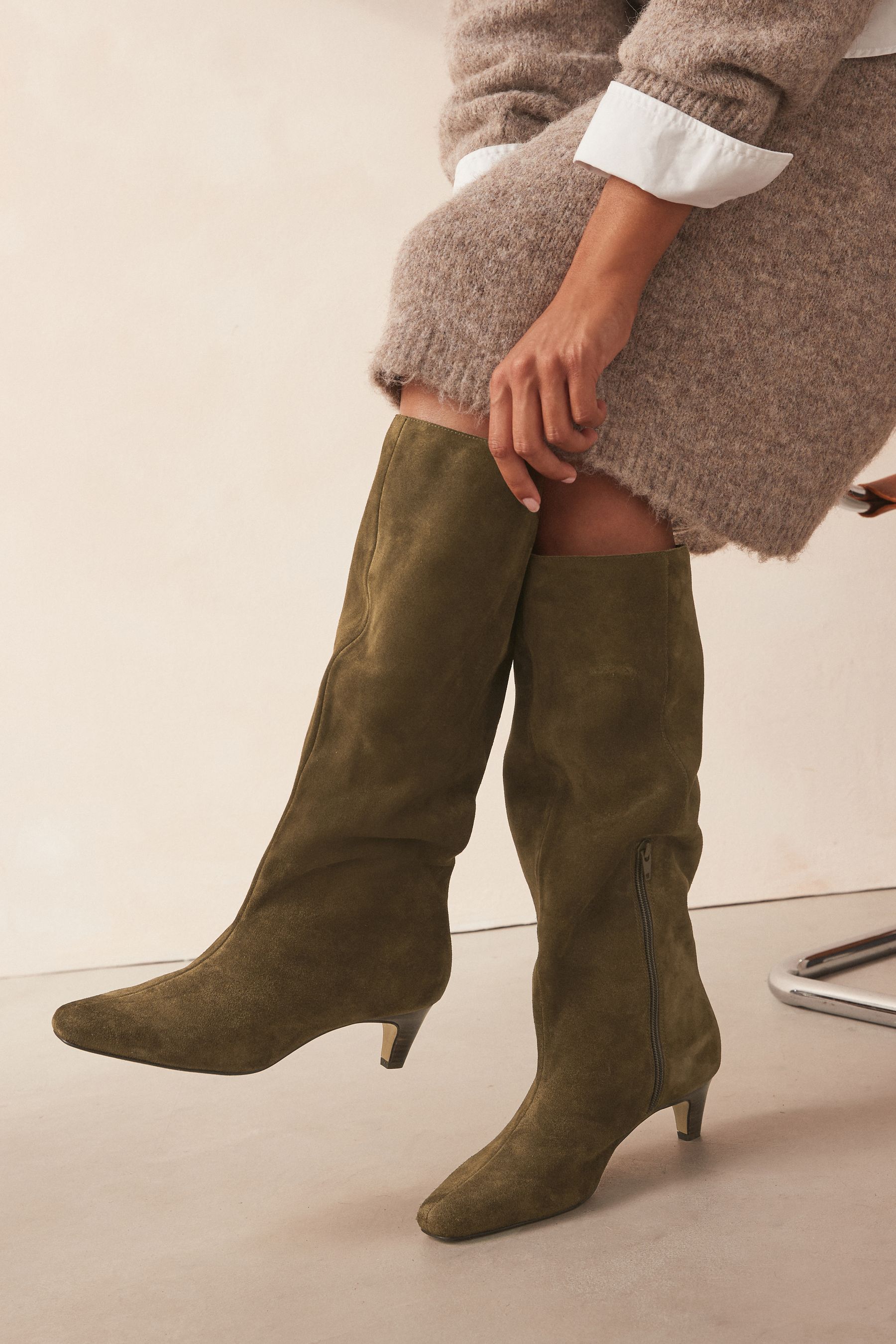 Buy Khaki Green Suede Forever Comfort Suede Knee High Heeled Boots from the Next UK online shop