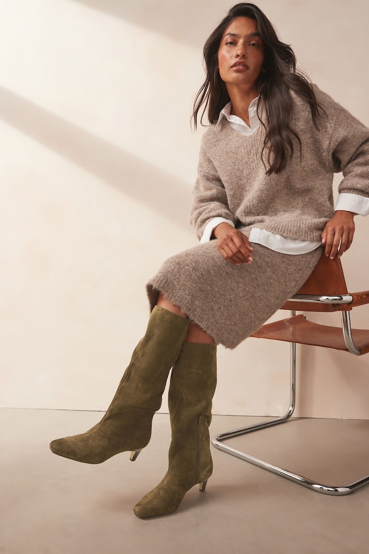 Khaki Green Suede Regular/Wide Fit Forever Comfort® Knee High Heeled Boots - Image 2 of 6