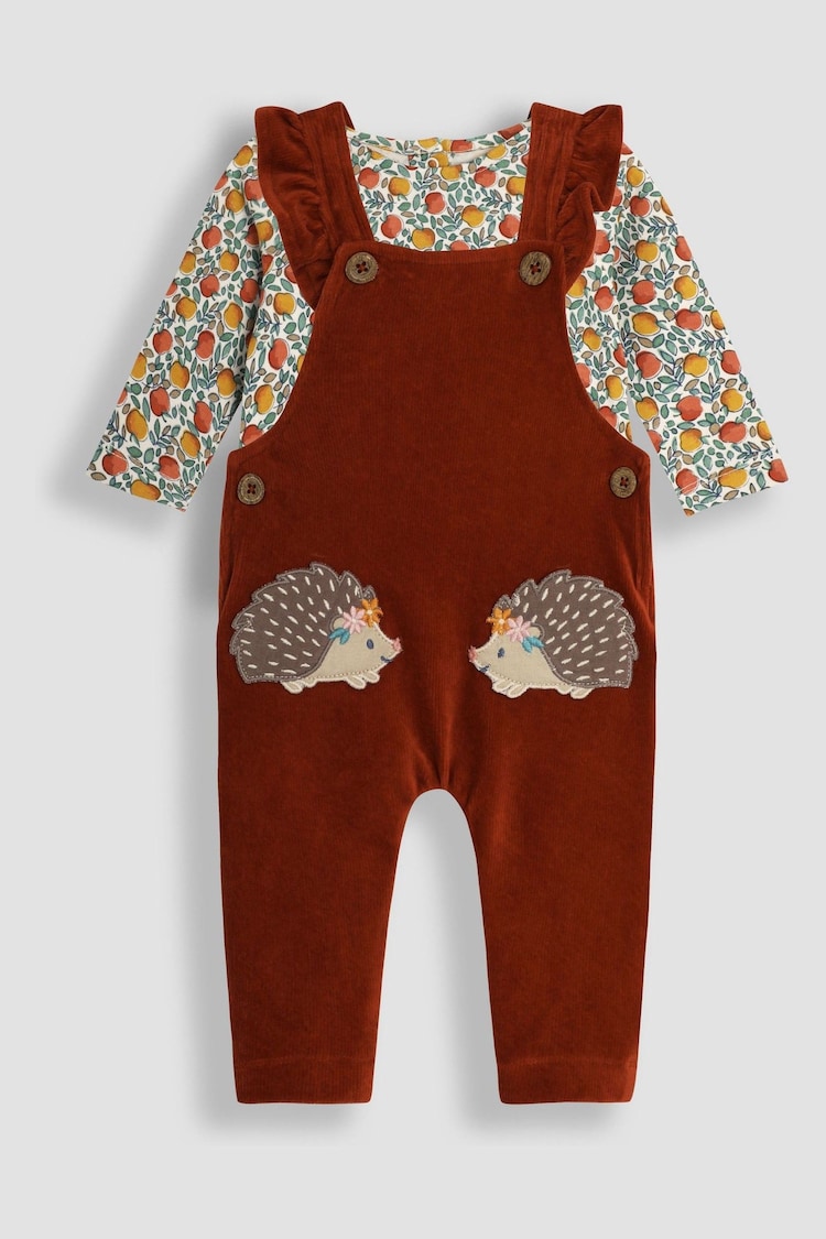 JoJo Maman Bébé Rust Orange Hedgehog Appliqué Velour Dungarees and Top Set - Image 1 of 6