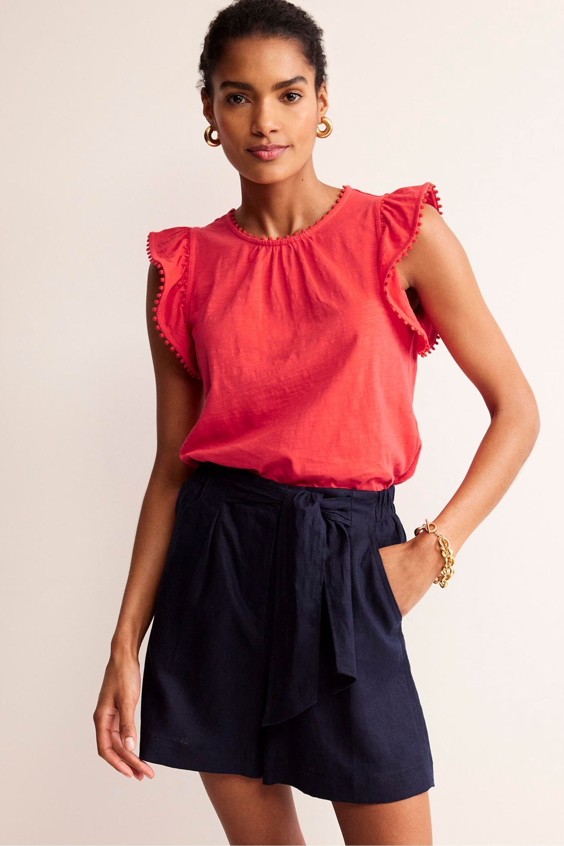 Boden Red Pom Trim Ruffle Sleeve Top - Image 1 of 4