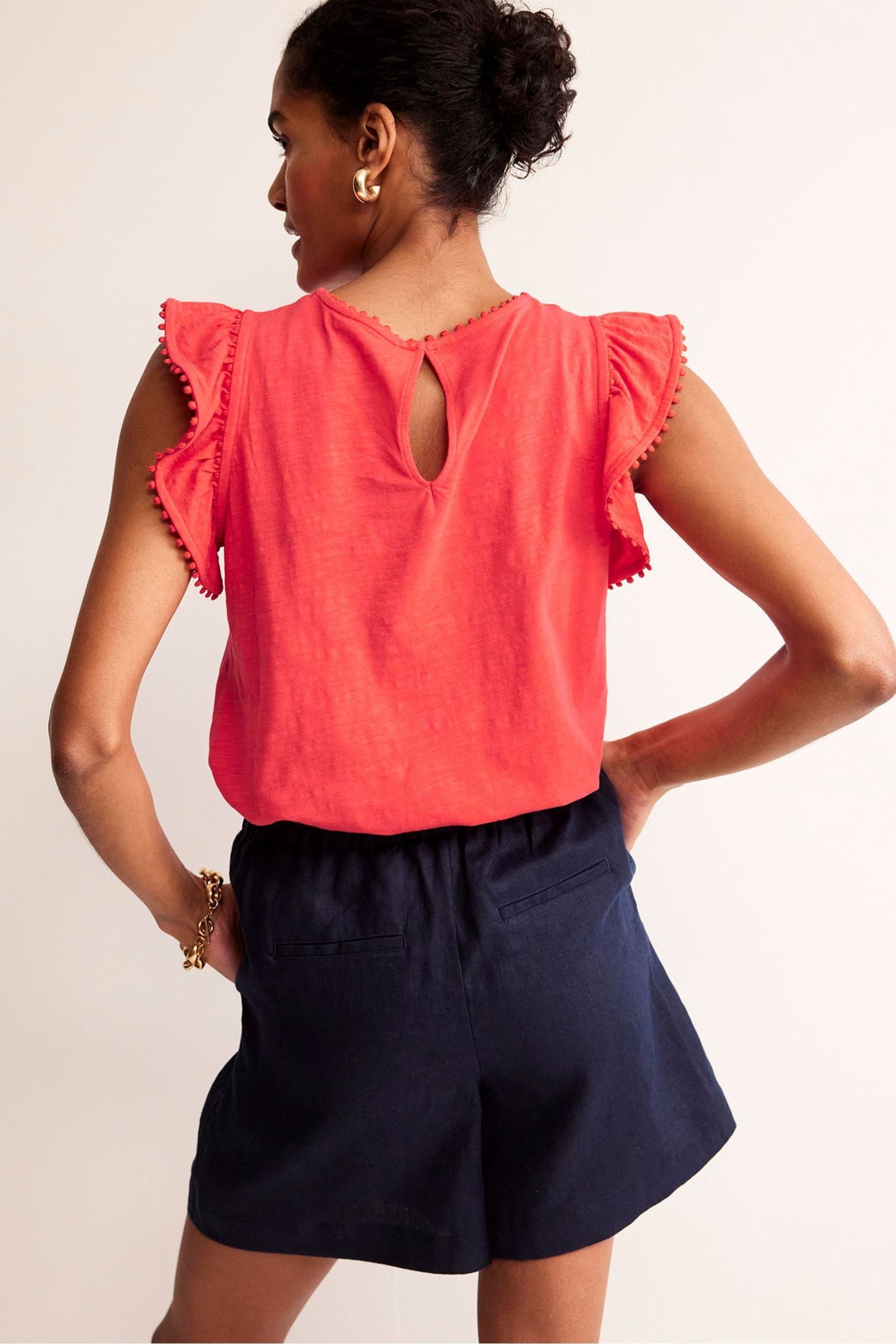 Boden Red Pom Trim Ruffle Sleeve Top - Image 2 of 4