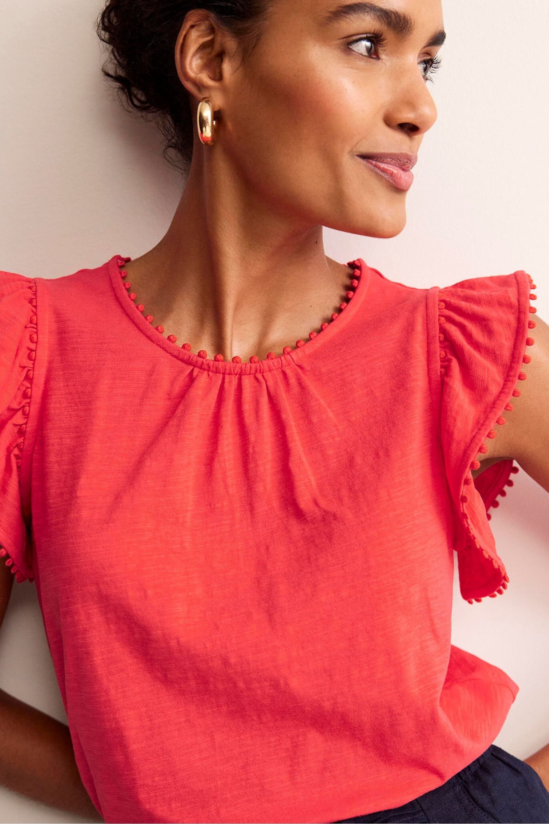 Boden Red Pom Trim Ruffle Sleeve Top - Image 3 of 4