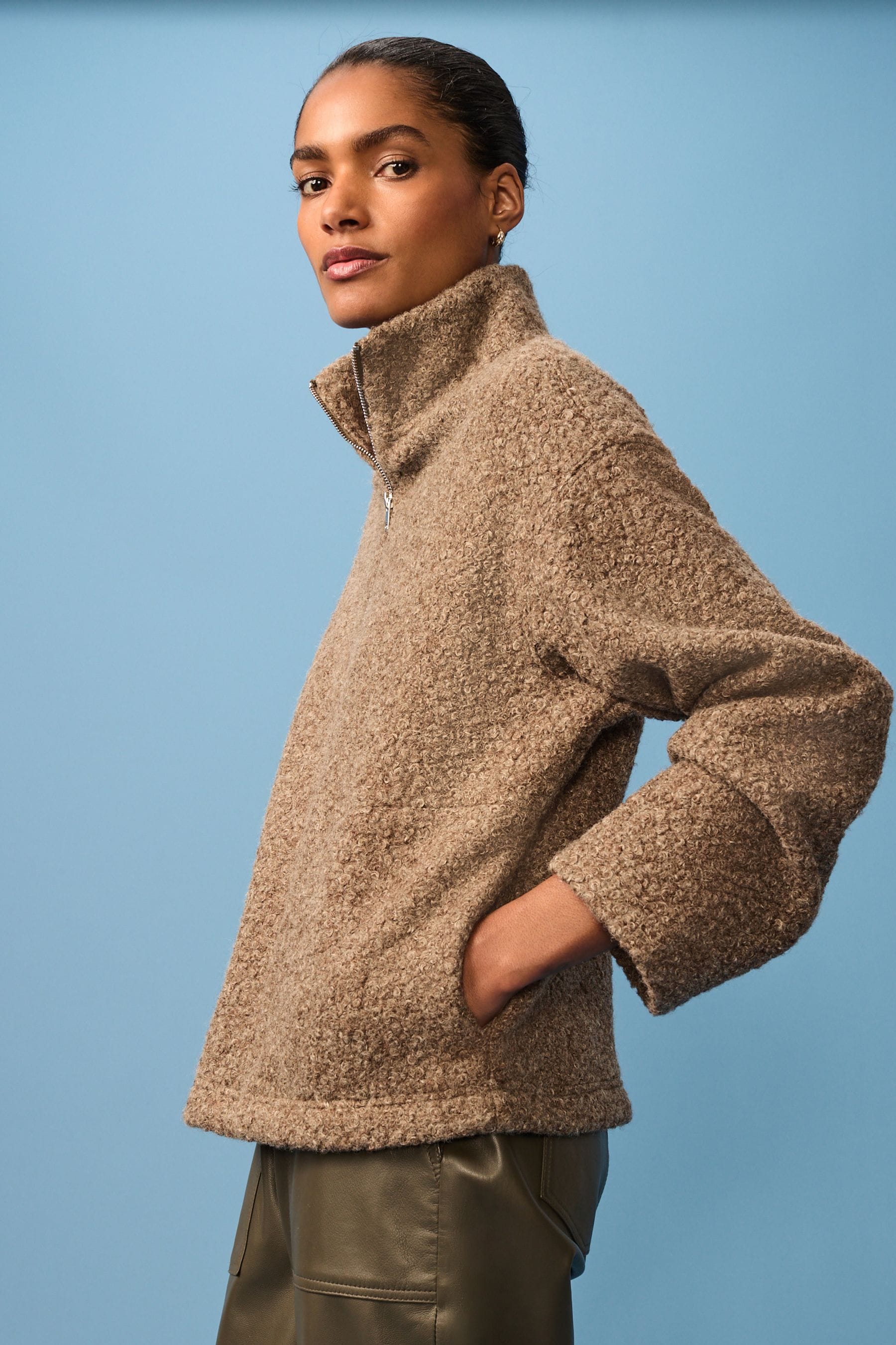Brown Borg Fleece Quarter Zip Neck Sweat Top