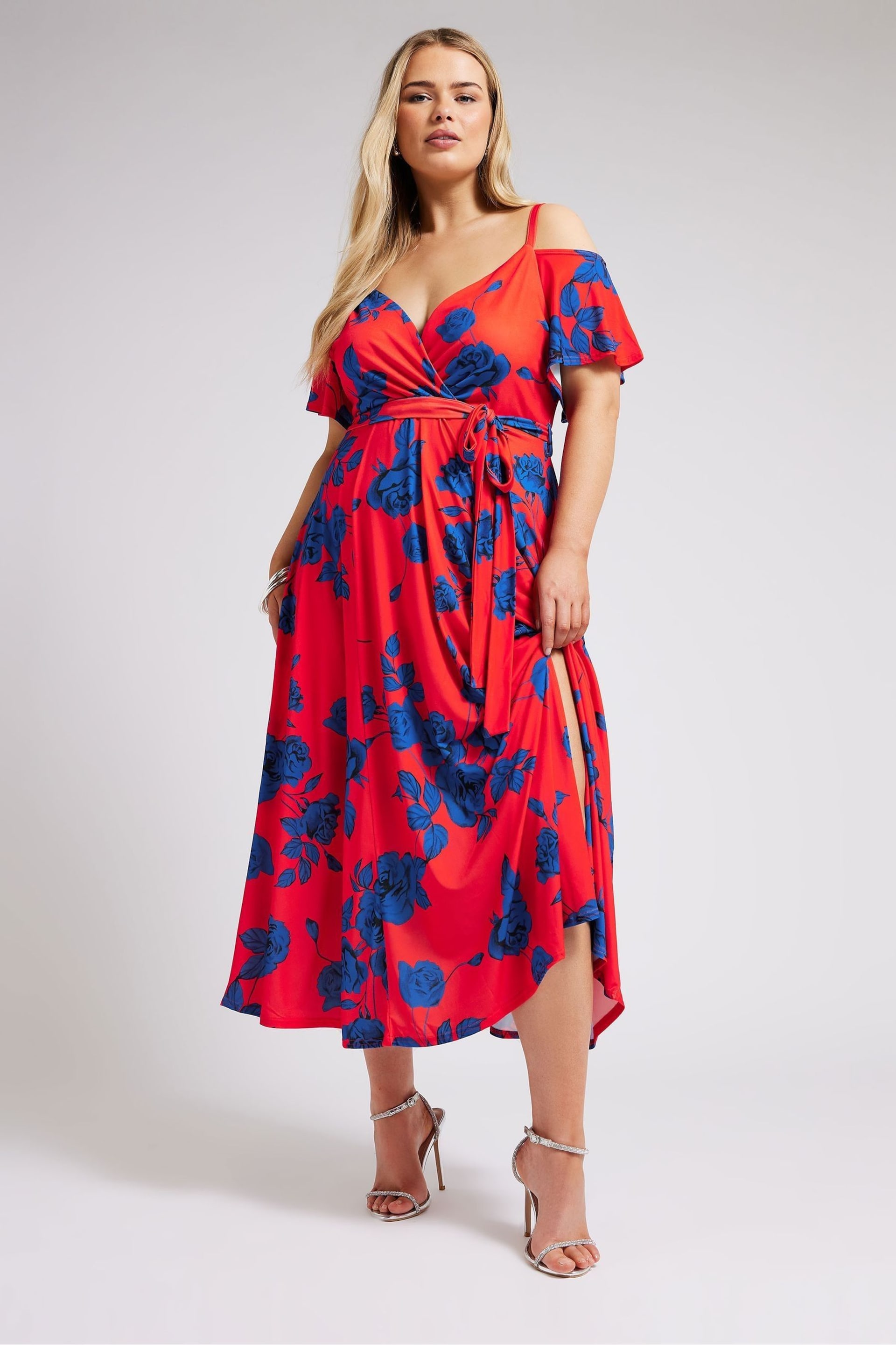Yours Curve Red & Blue YOURS LONDON  Floral Bardot Maxi Dress - Image 1 of 5