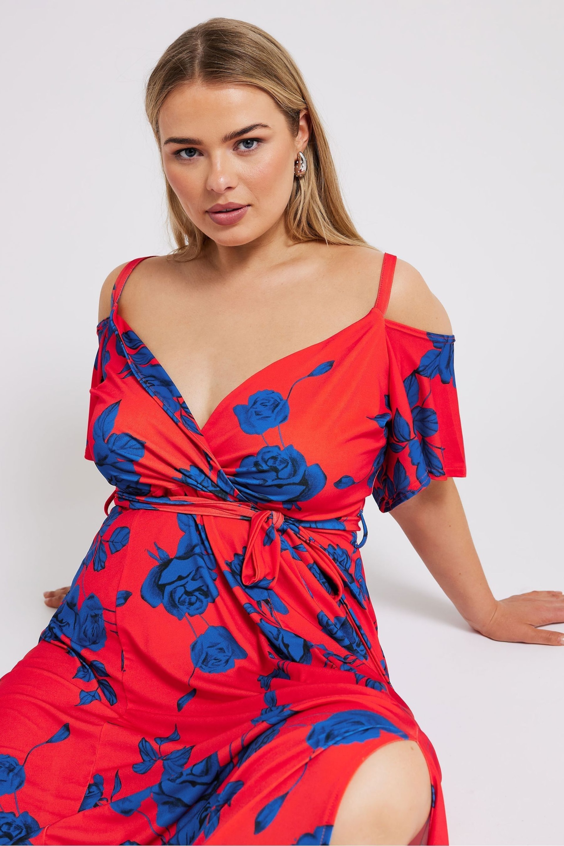 Yours Curve Red & Blue YOURS LONDON  Floral Bardot Maxi Dress - Image 2 of 5