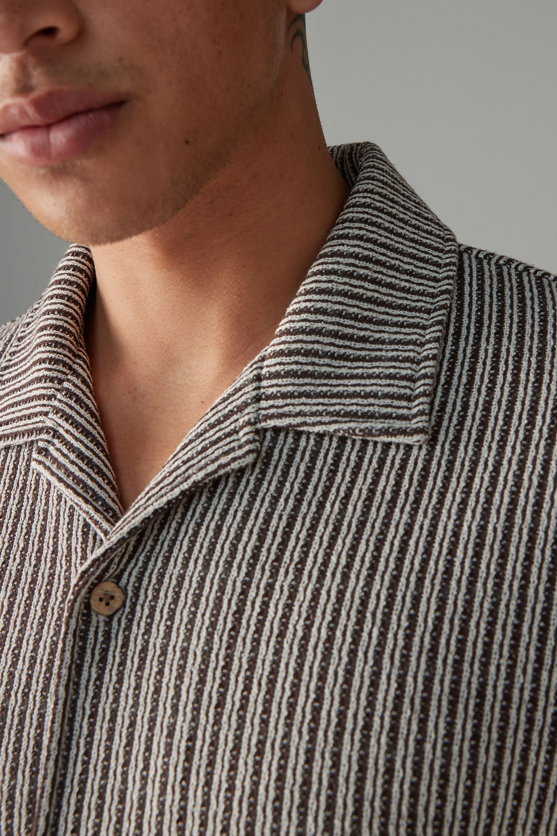 Men's Brown Multi Striped Cuban Collar Shirt
