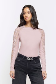 River Island Pink Lace Sleeve Detail  Long Sleeve Top - Image 1 of 4