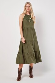 Apricot Green Lace Neck Shimmer Midi Dress - Image 1 of 5