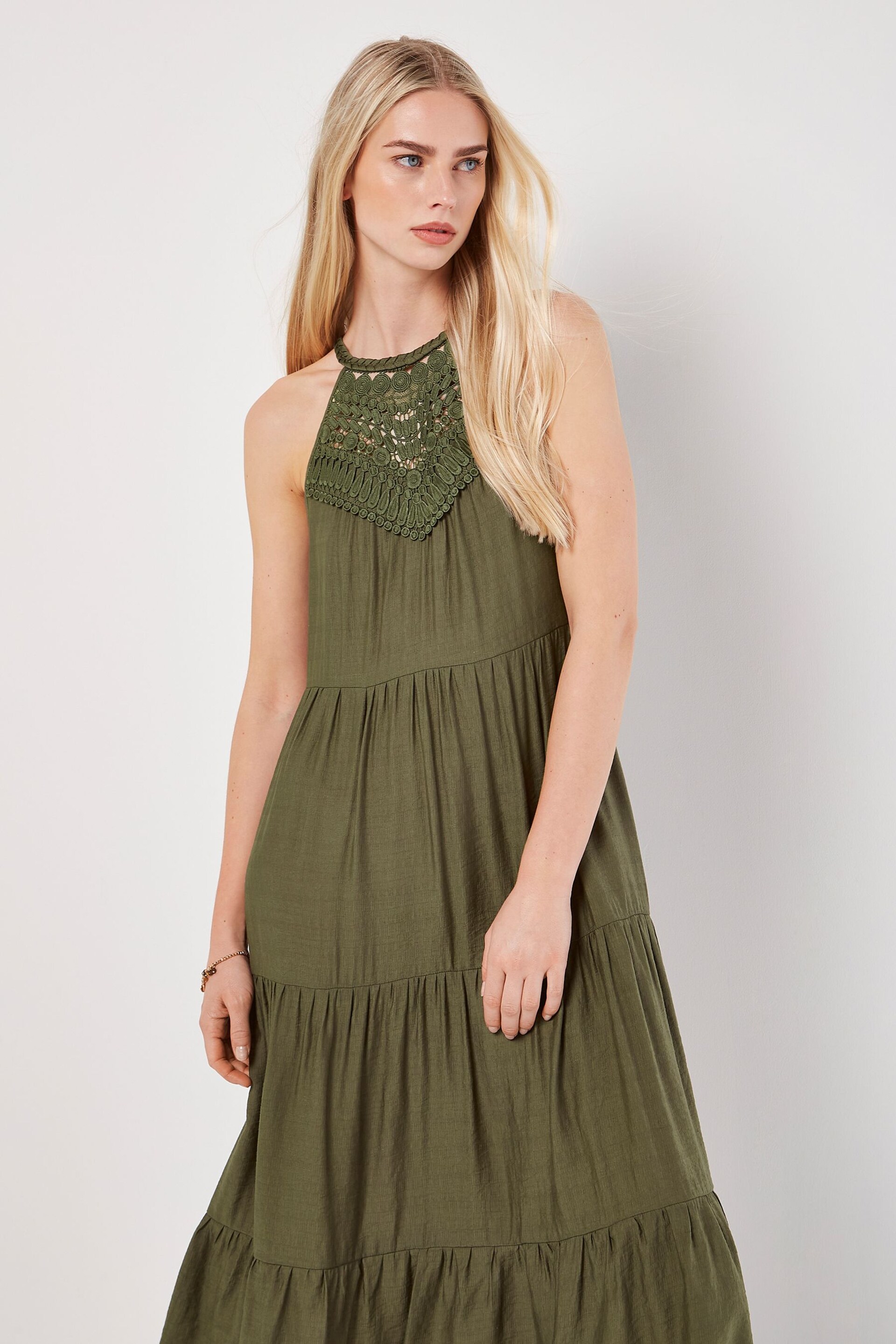 Apricot Green Lace Neck Shimmer Midi Dress - Image 2 of 5