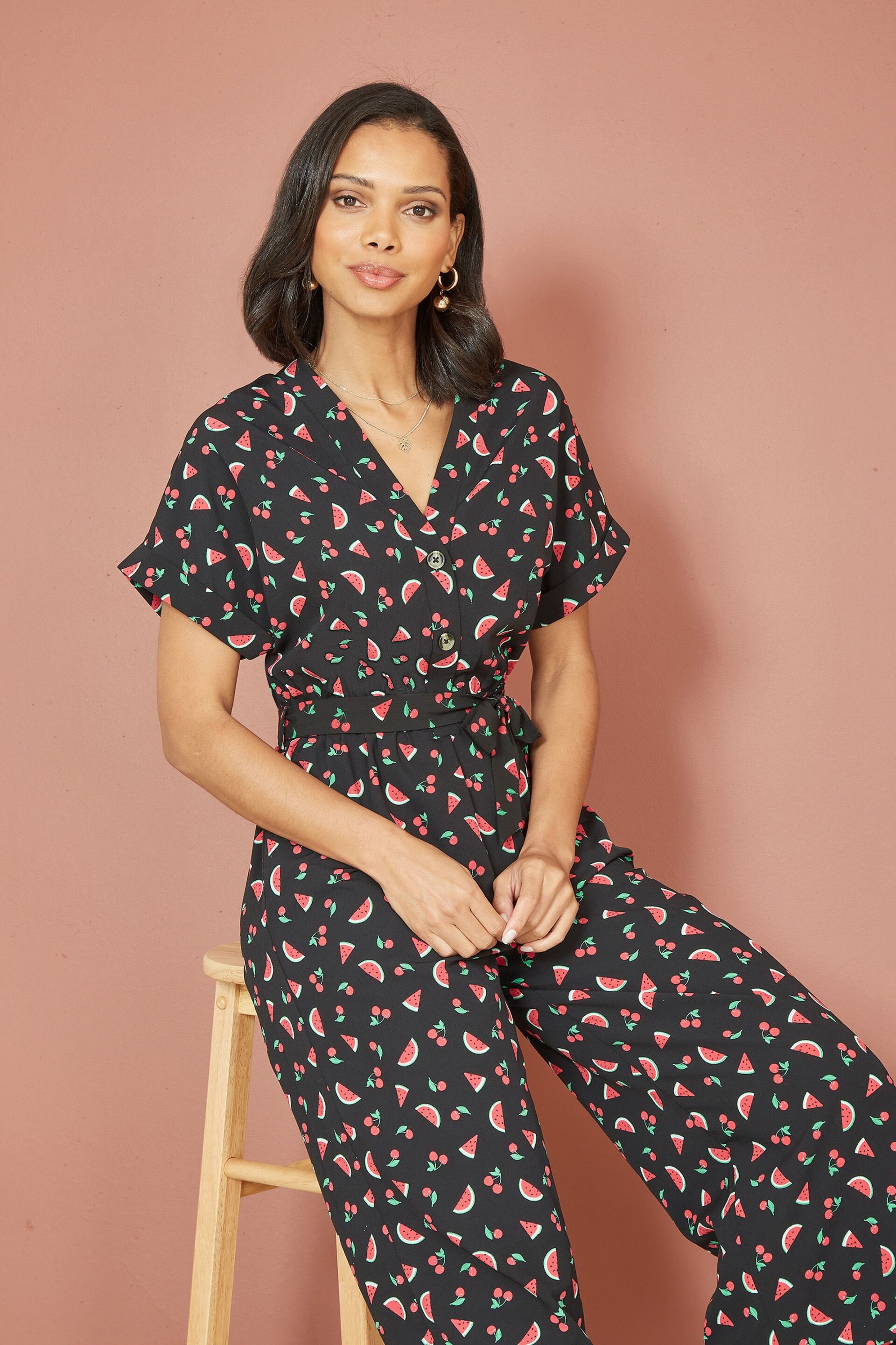 Yumi Black Watermelon Print Jumpsuit - Image 3 of 5