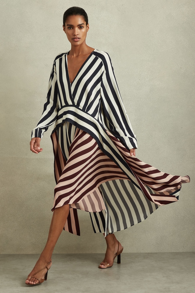 Reiss Navy/Off White Nola Colourblock Stripe Asymmetric Midi Dress - Image 1 of 6