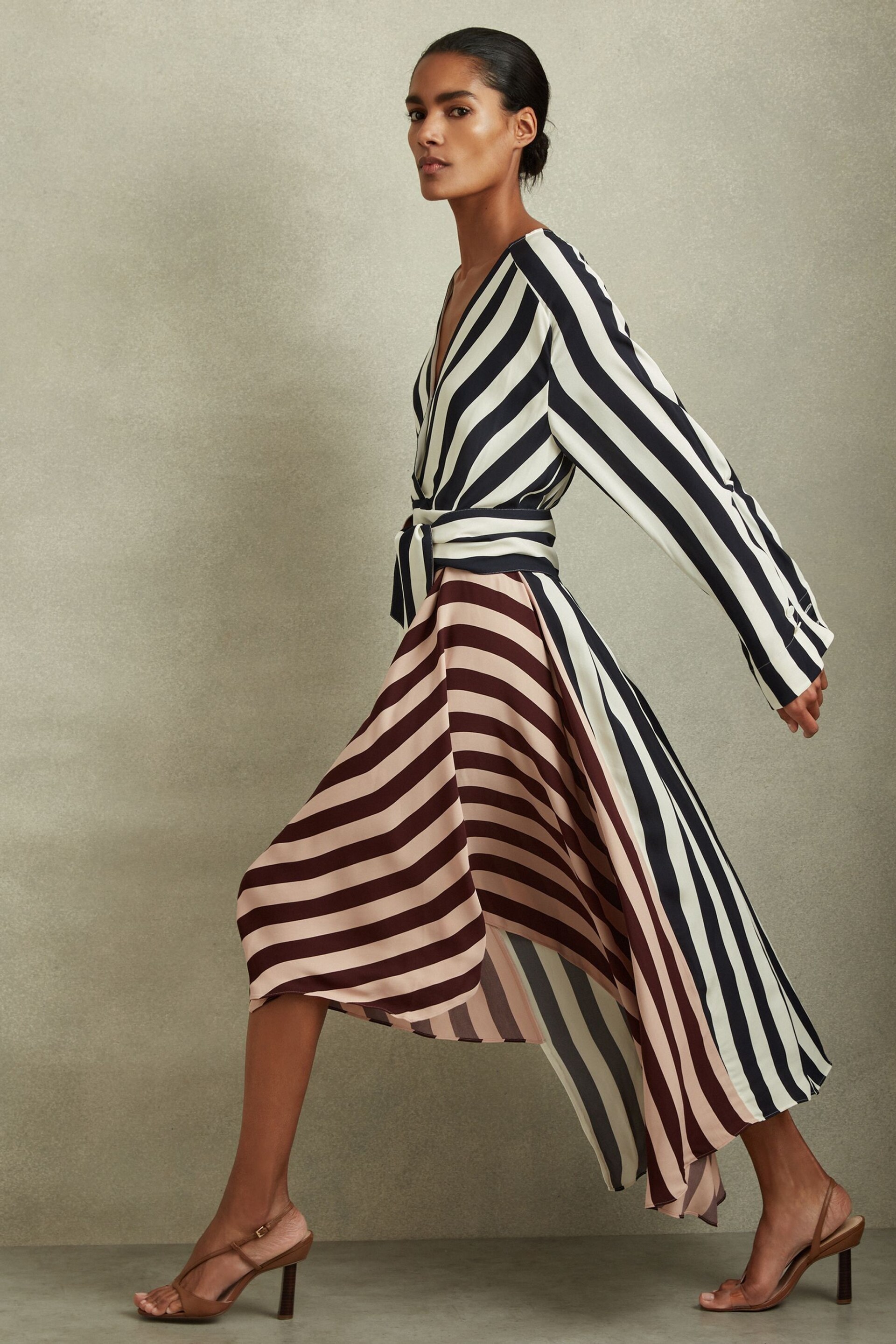 Reiss Navy/Off White Nola Colourblock Stripe Asymmetric Midi Dress - Image 4 of 6