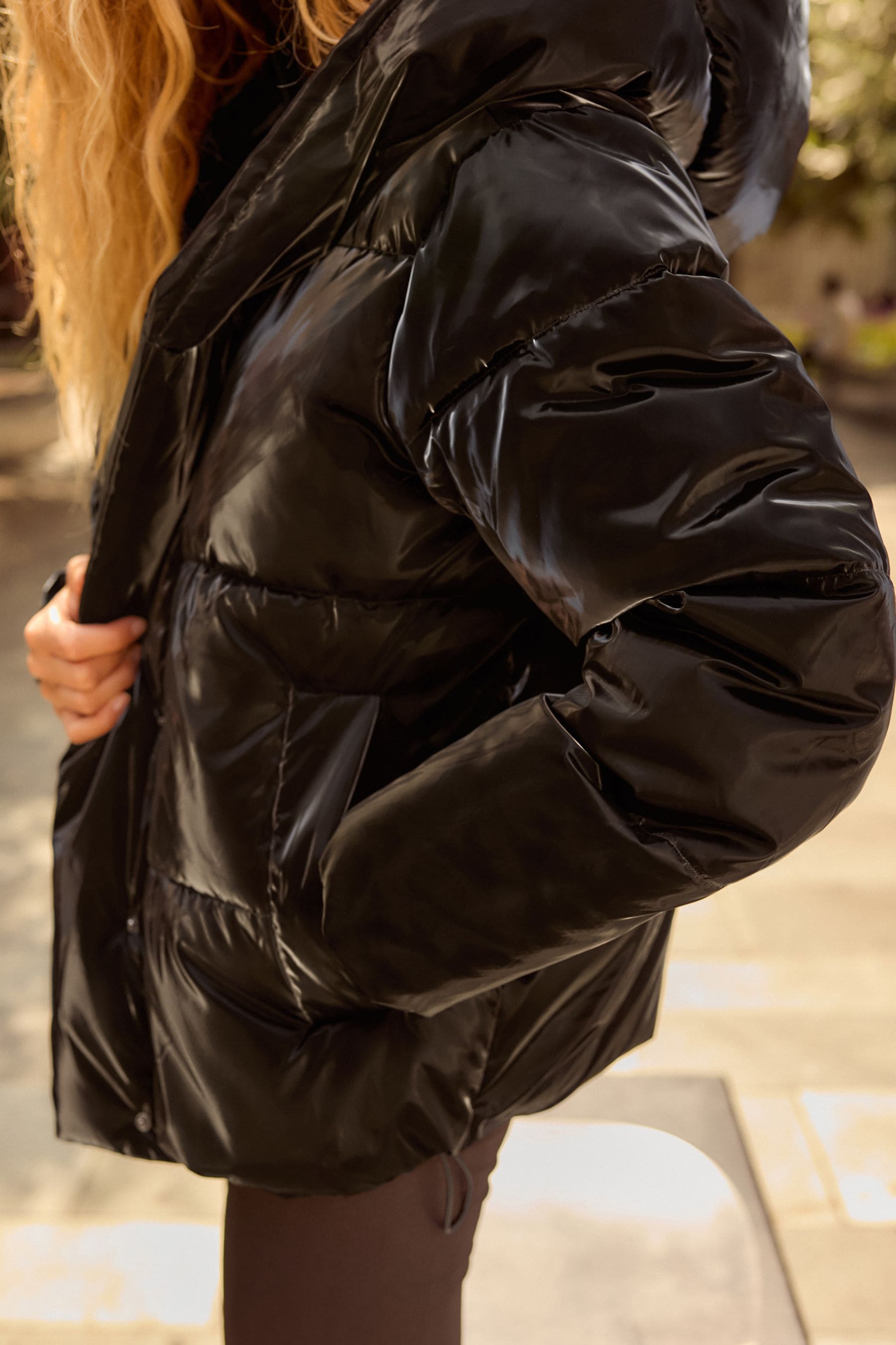 Black High Shine Shower Resistant Padded Coat