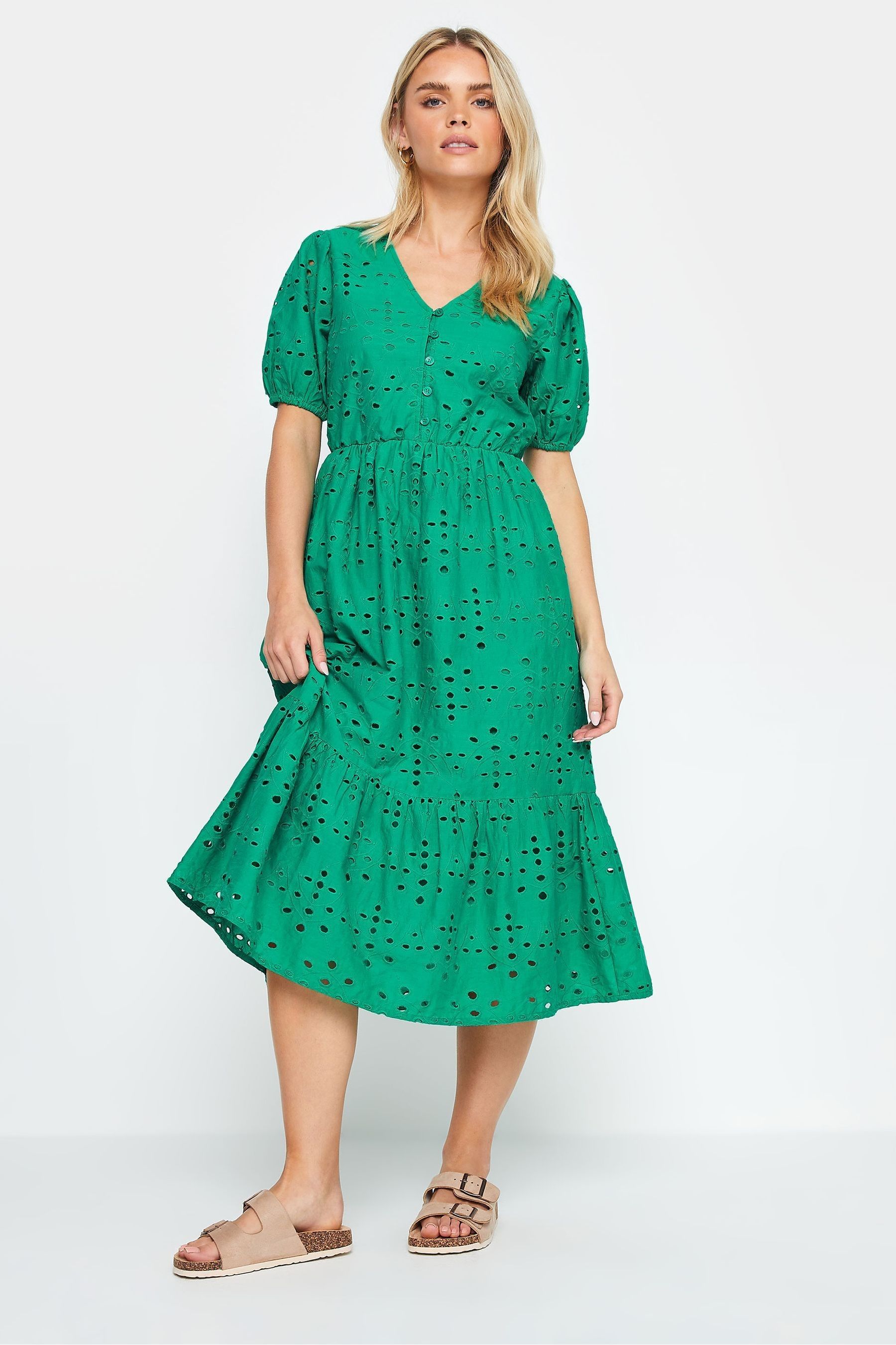 M Co Green 100 Cotton Petite Broderie Anglaise Midi Dress