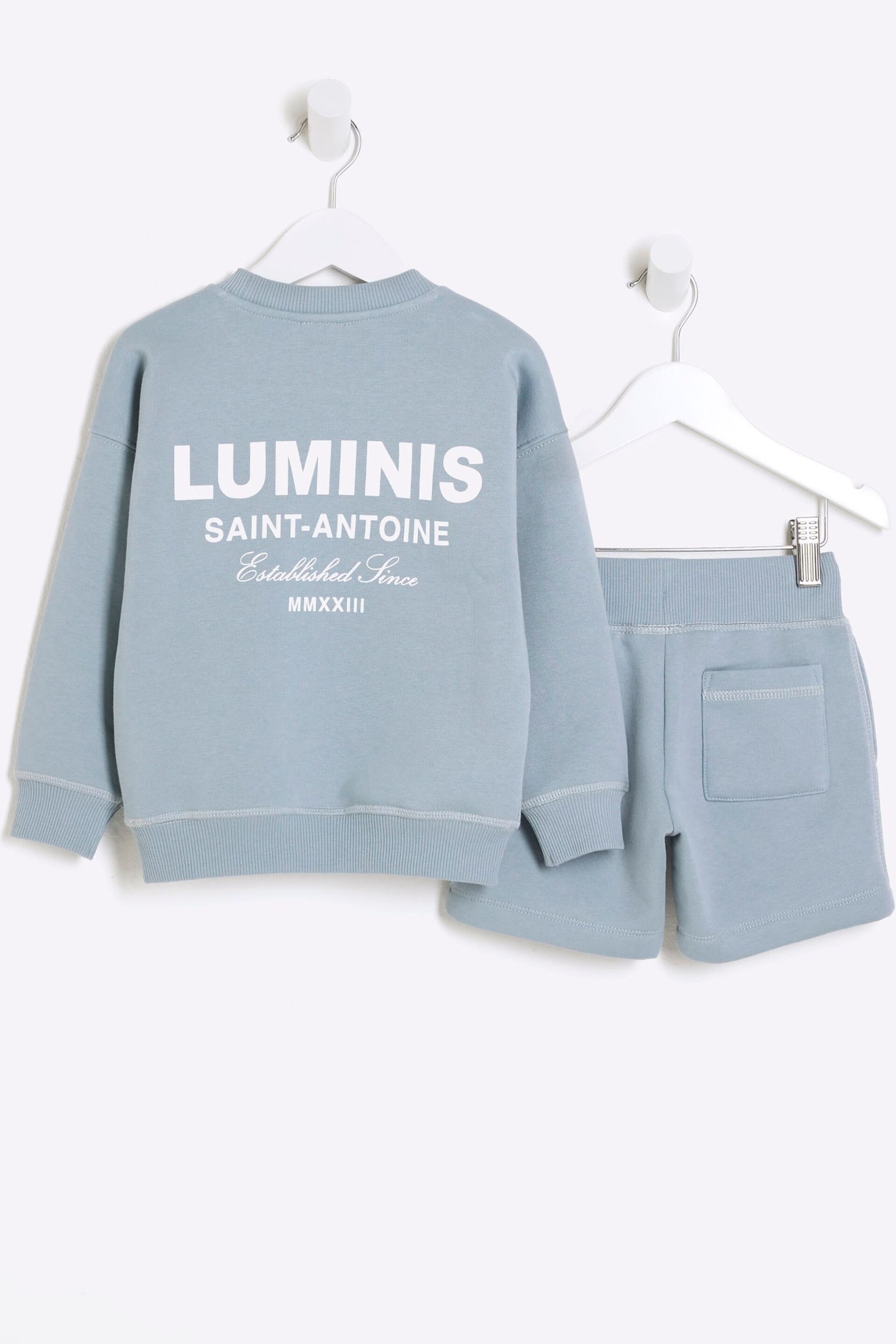 River Island Blue Boys Luminis Crew and Shorts Set - Image 1 of 5