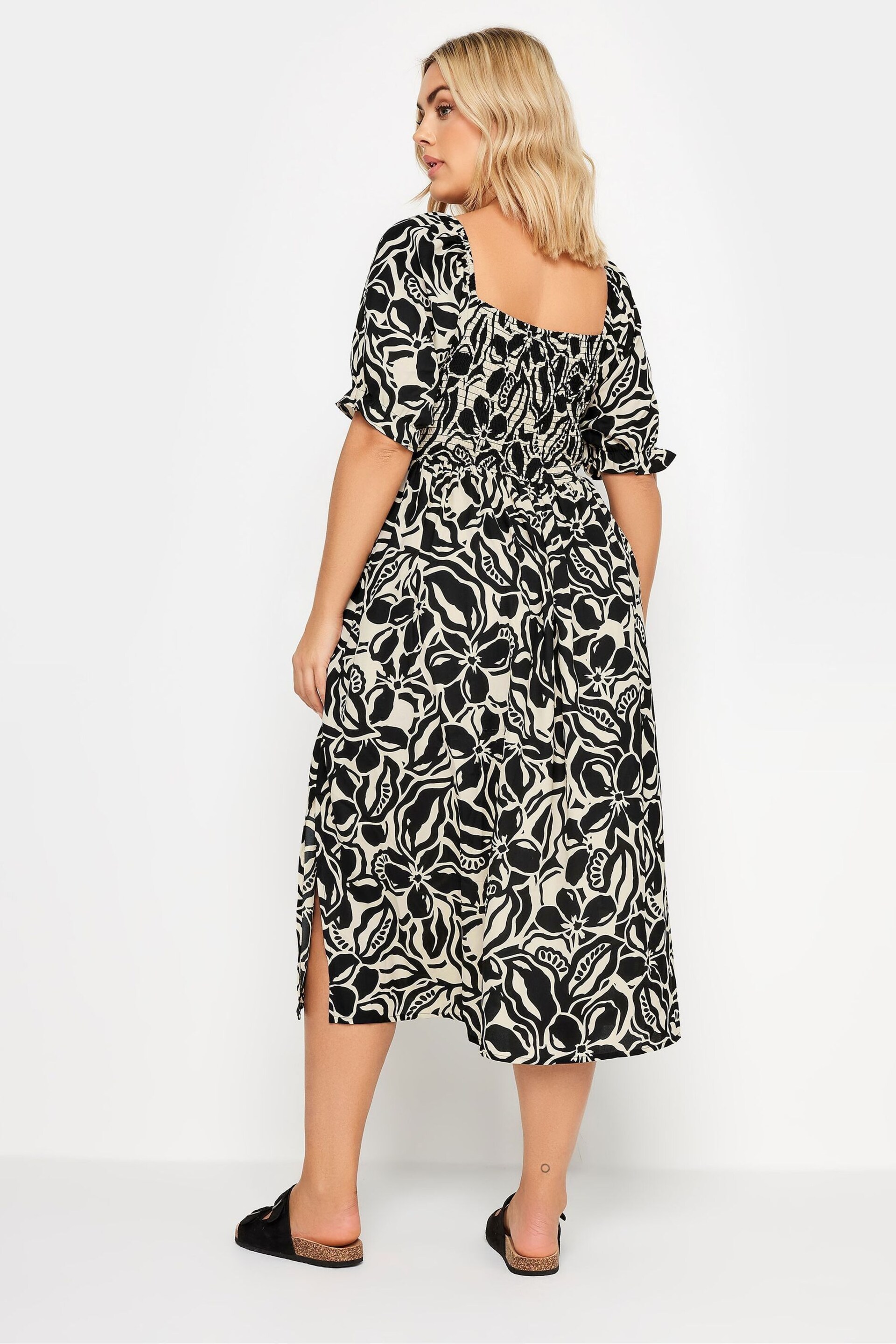 Yours Curve Black Abstract Floral Print Shirred Midi Dress - Image 3 of 6