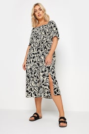 Yours Curve Black Abstract Floral Print Shirred Midi Dress - Image 4 of 6