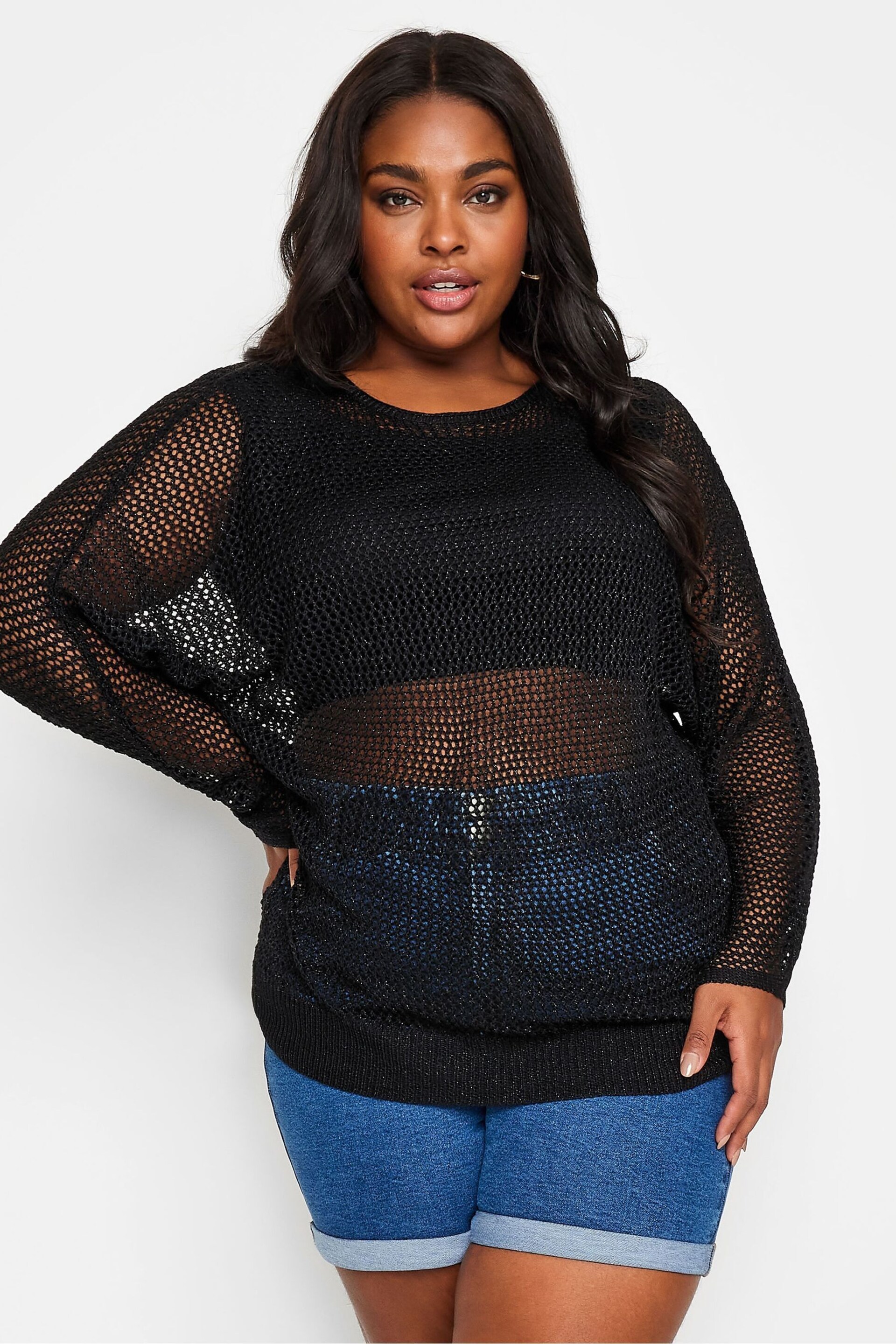 Yours Curve Black Metallic Crochet Jumper - Image 2 of 6