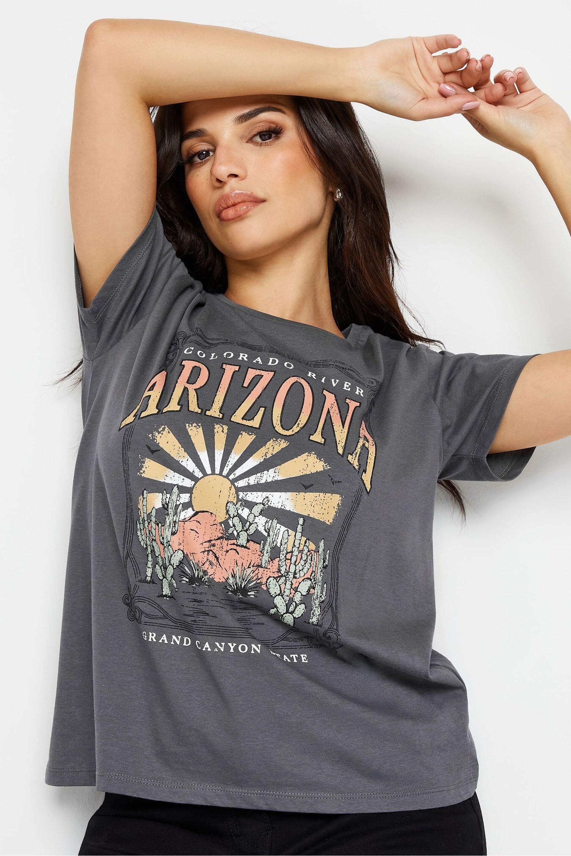 PixieGirl Petite Grey Grey 'Arizona' Slogan Print T-Shirt - Image 1 of 5