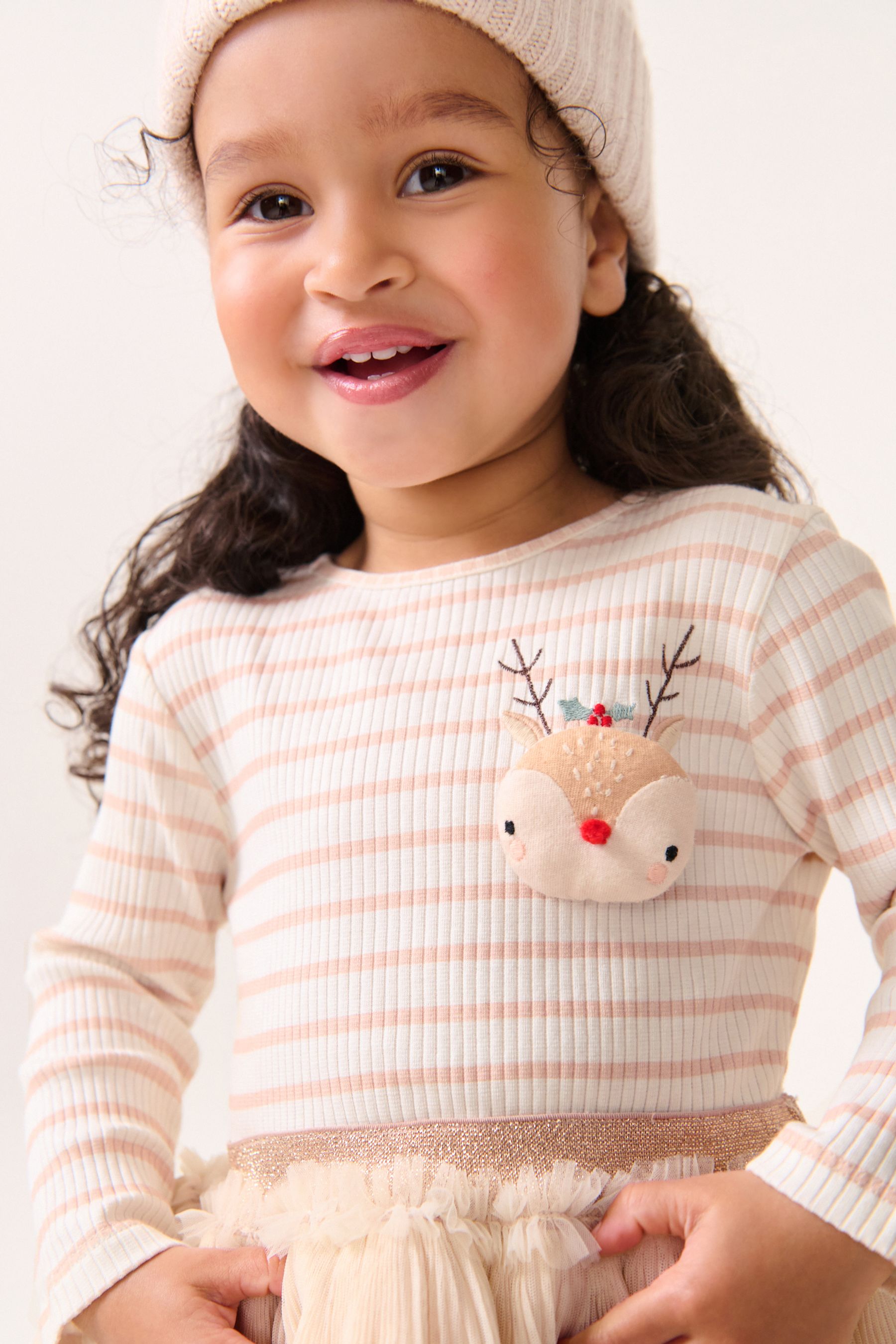 Pink Long Sleeve Sparkly Reindeer Dress 3mths 7yrs