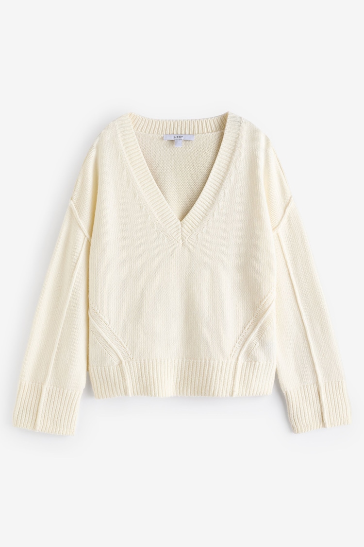 White Ecru Seam Detail V-Neck Knitted Jumper - Image 1 of 2