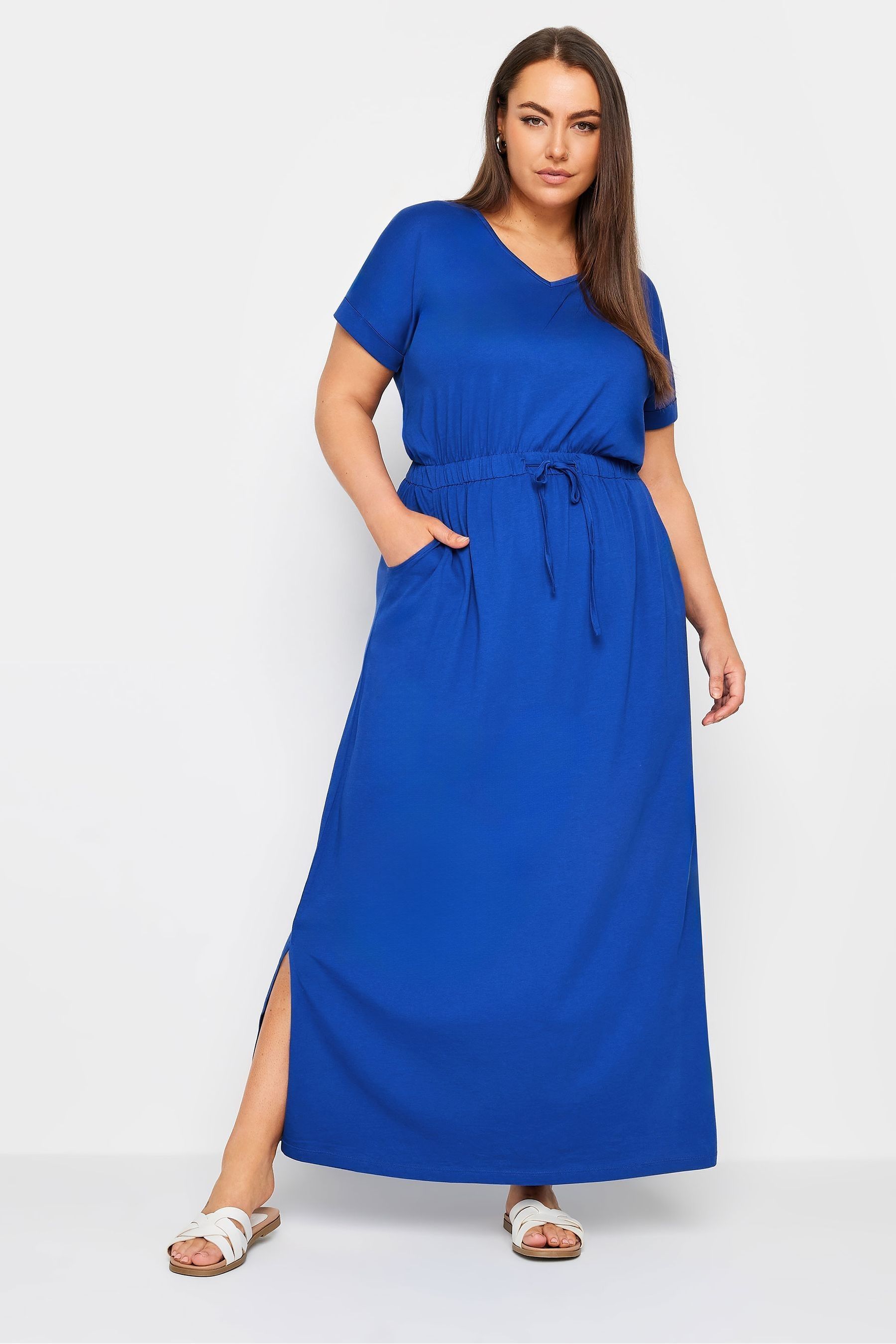 Buy Yours Curve Blue 100 Cotton Side Split Drawcord Maxi Dress from the Next UK online shop