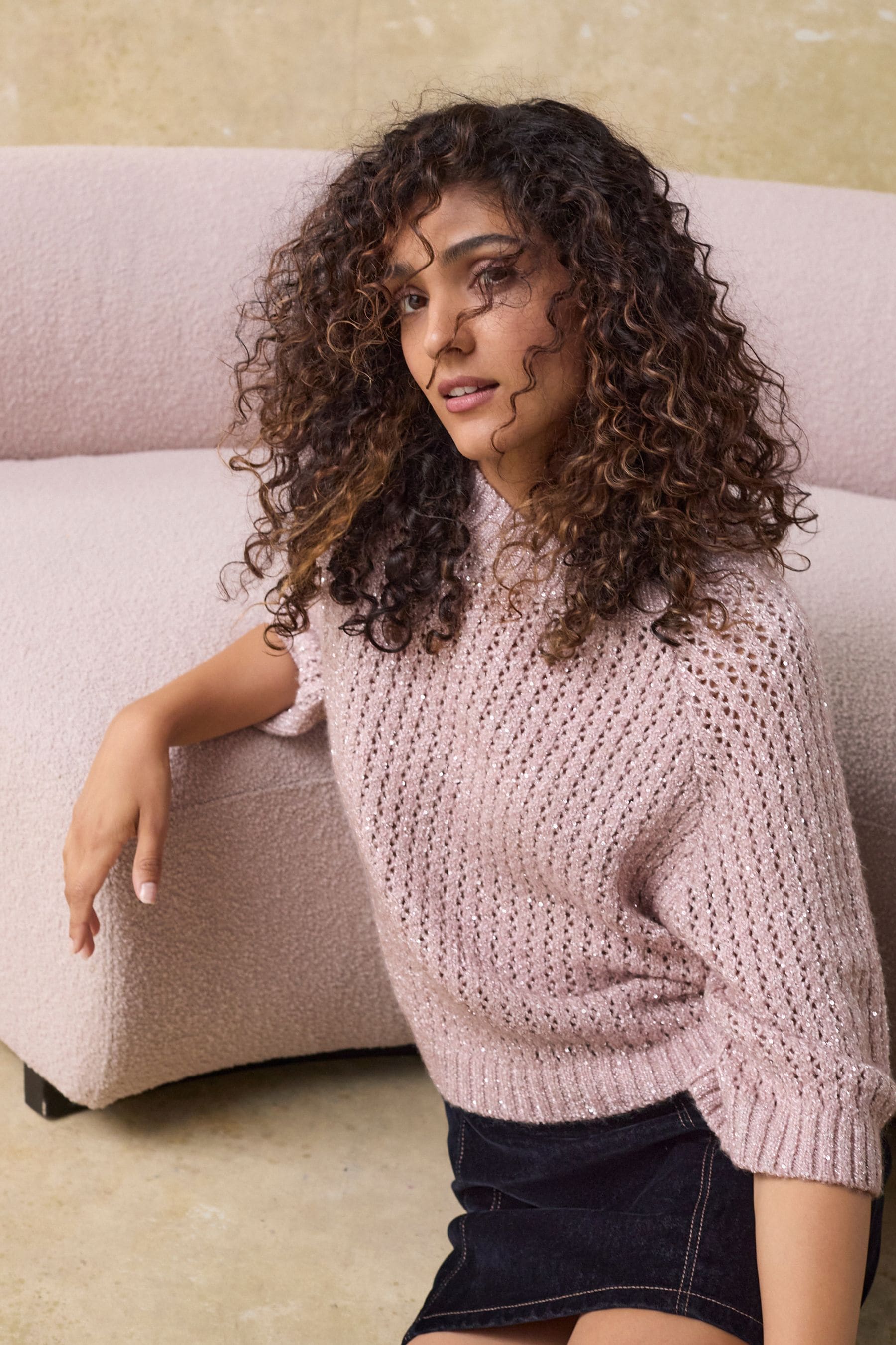 Buy Pink Blush Sparkle Sequin Mesh Knitted Half Sleeve Jumper from the Next UK online shop