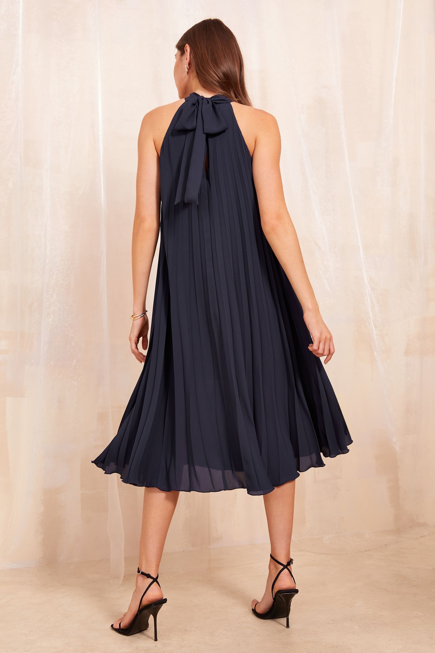 Friends Like These Navy Blue Halter Neck Pleated Midi Dress 4 Womens