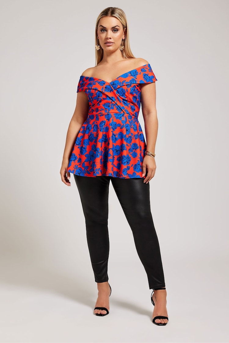 Yours Curve Red Floral Tuxedo Peplum Top - Image 2 of 5