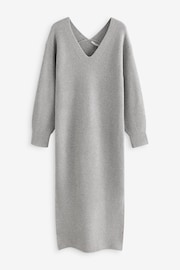 Silver Sparkle Long Sleeve V-Neck Midi Ribbed Knitted Jumper Dress - Image 1 of 2