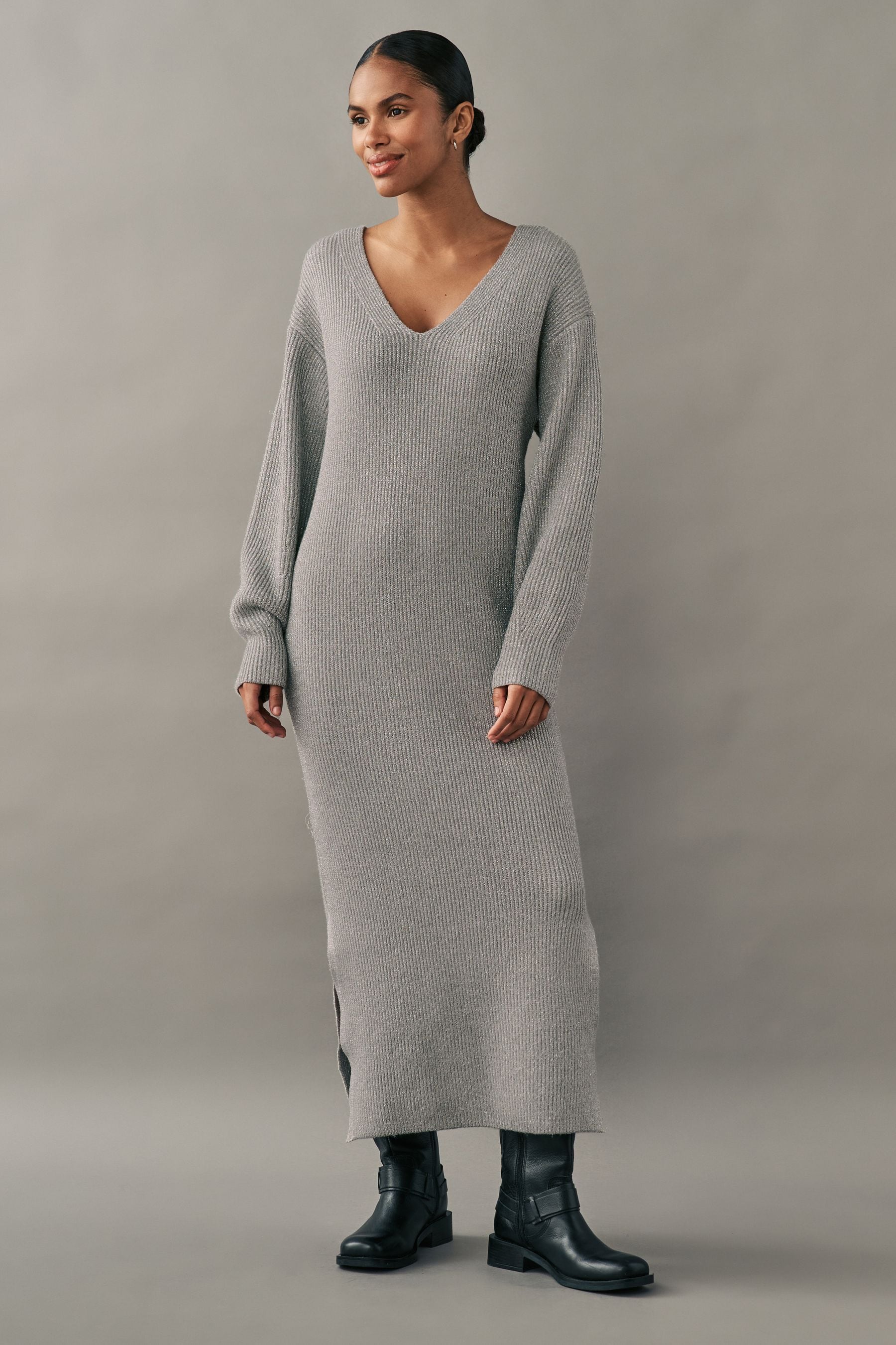 Buy Silver Sparkle Long Sleeve V Neck Midi Ribbed Knitted Jumper Dress from Next Saudi Arabia