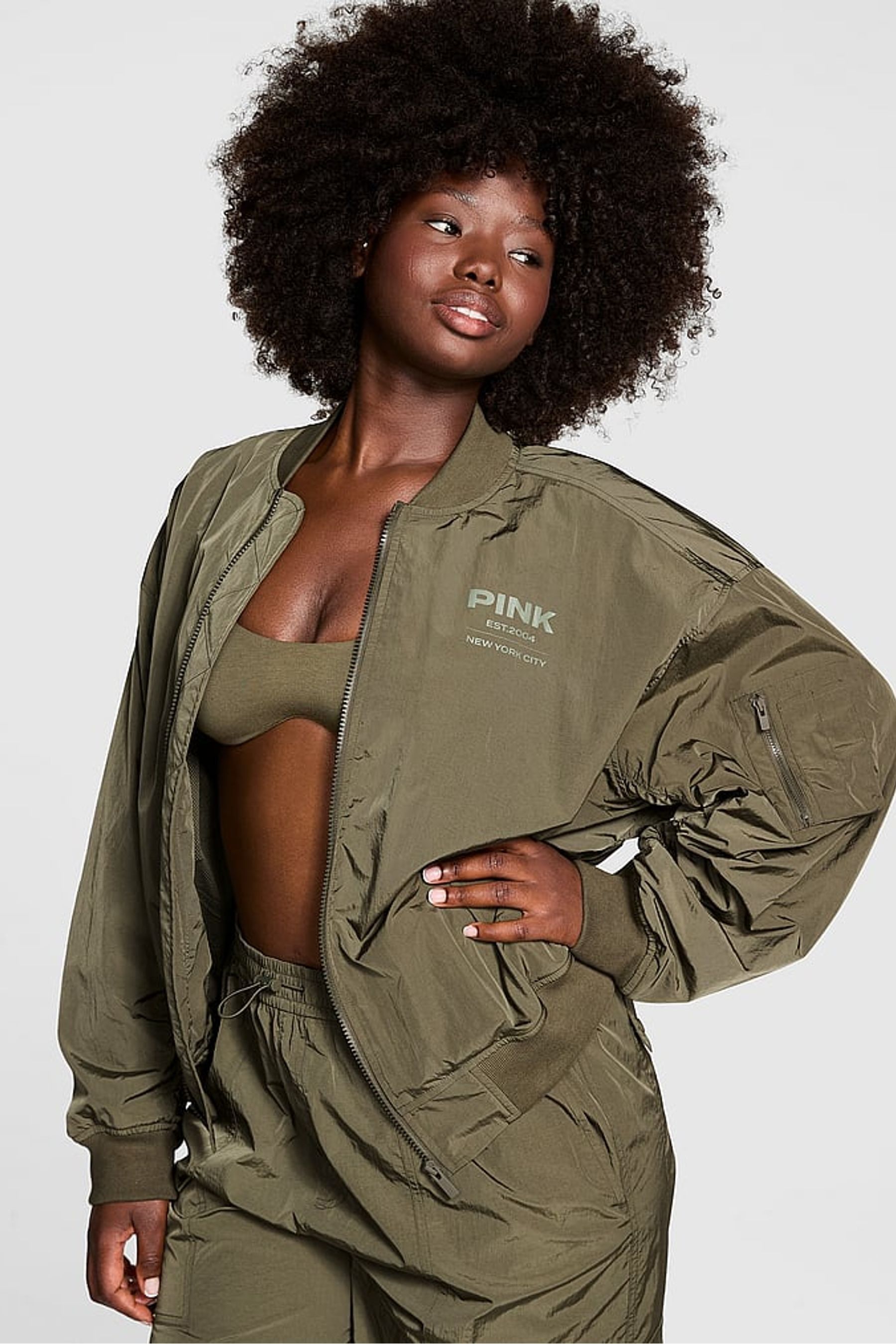 Buy Victoria s Secret PINK Olive Green Parachute Cargo Bomber Jacket from the Next UK online shop