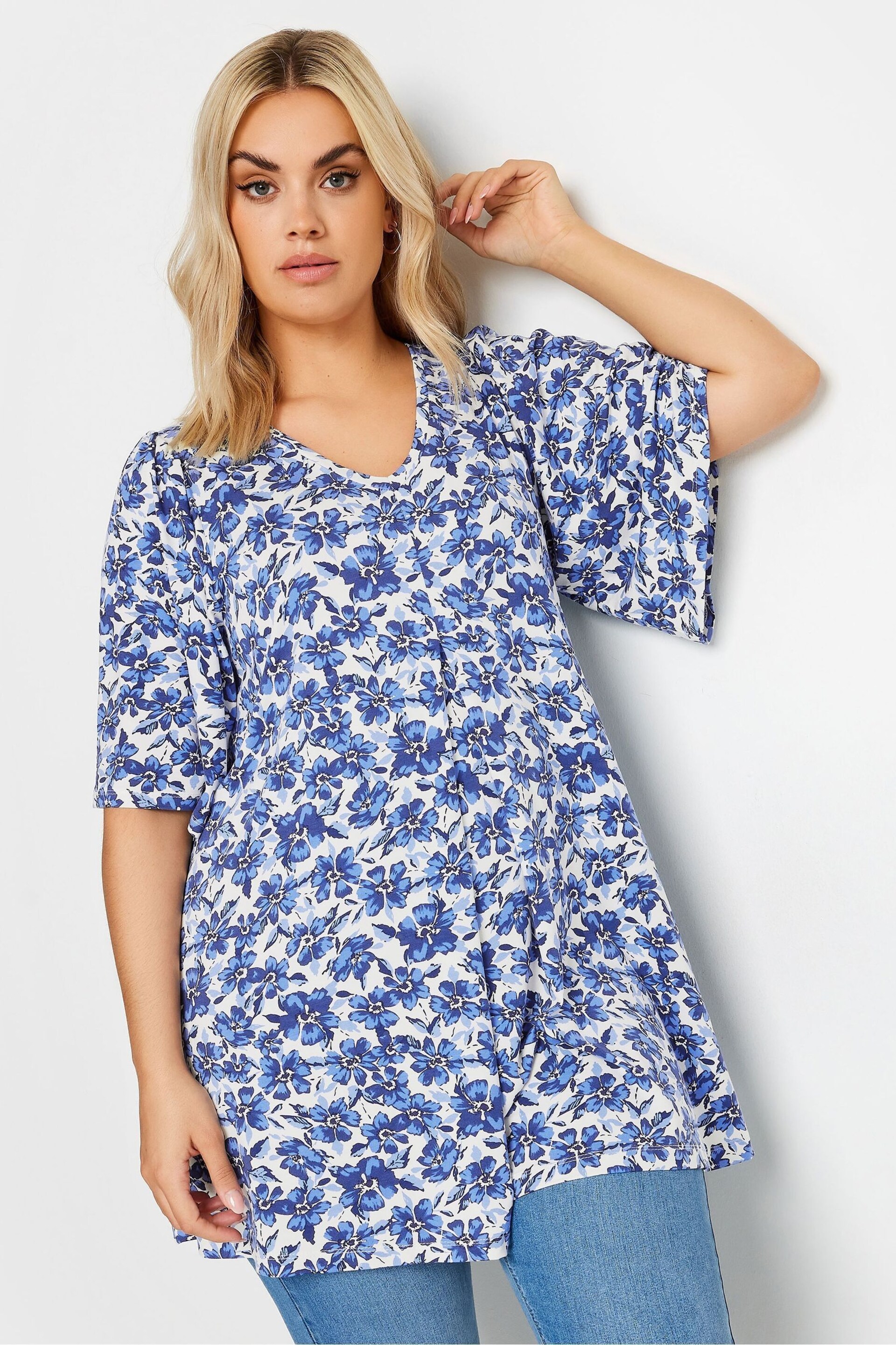 Yours Curve Blue Floral Pleated Swing Top - Image 1 of 5