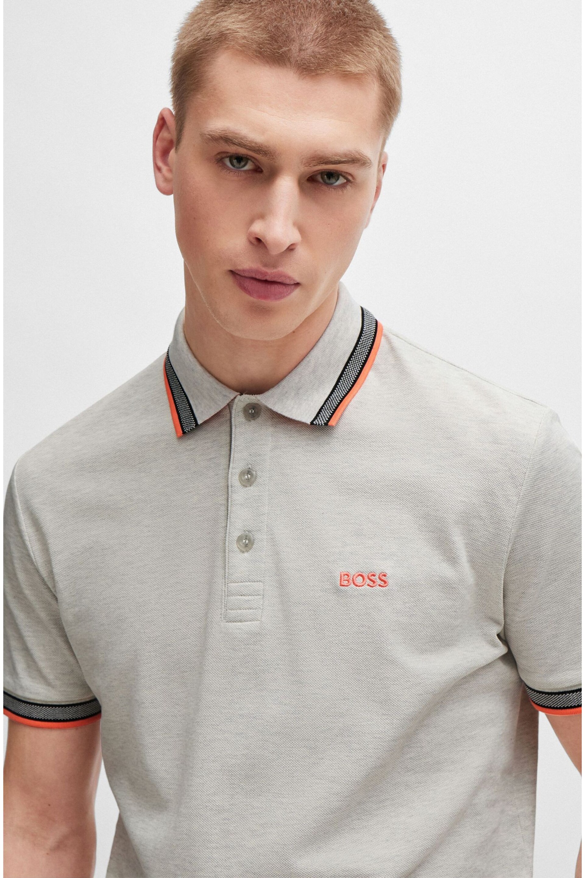 BOSS Light Grey Cotton Polo Shirt With Contrast Logo Details - Image 1 of 5