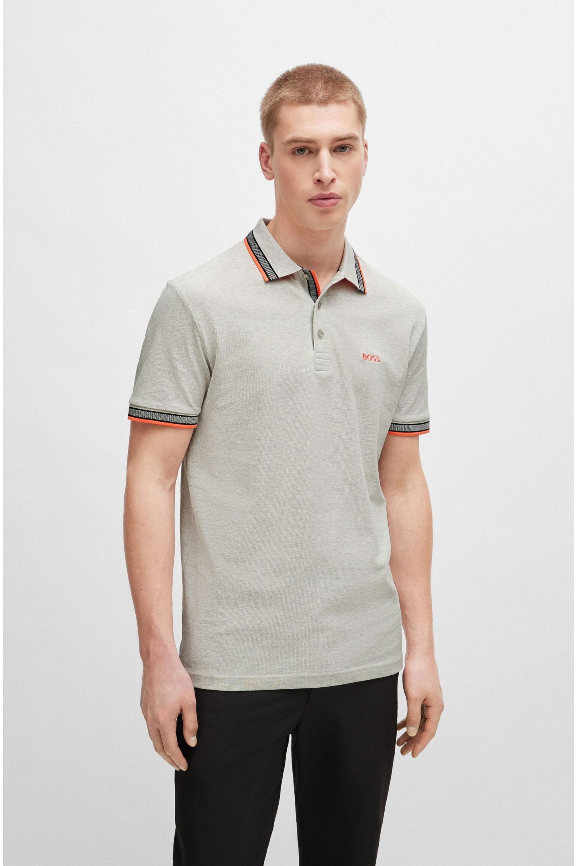 BOSS Light Grey Cotton Polo Shirt With Contrast Logo Details - Image 2 of 5