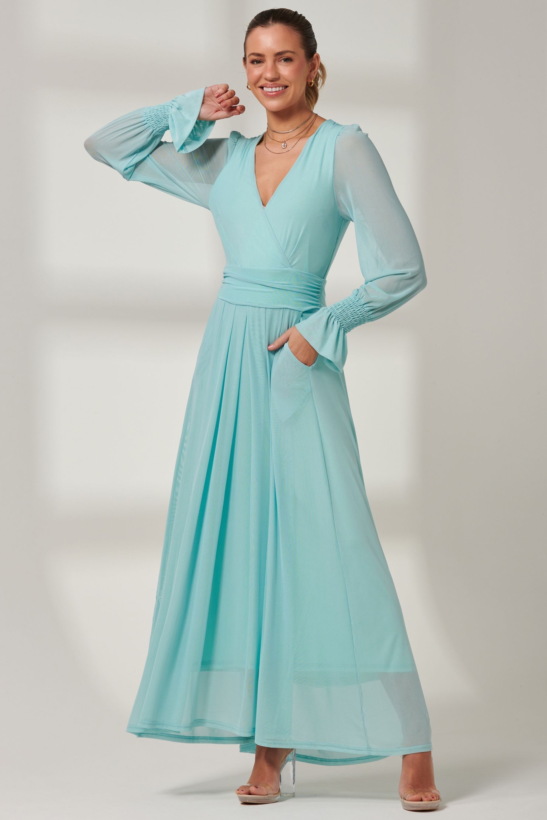 Womens Jolie Moi Light Blue Greta Long Sleeve Mesh Maxi Dress