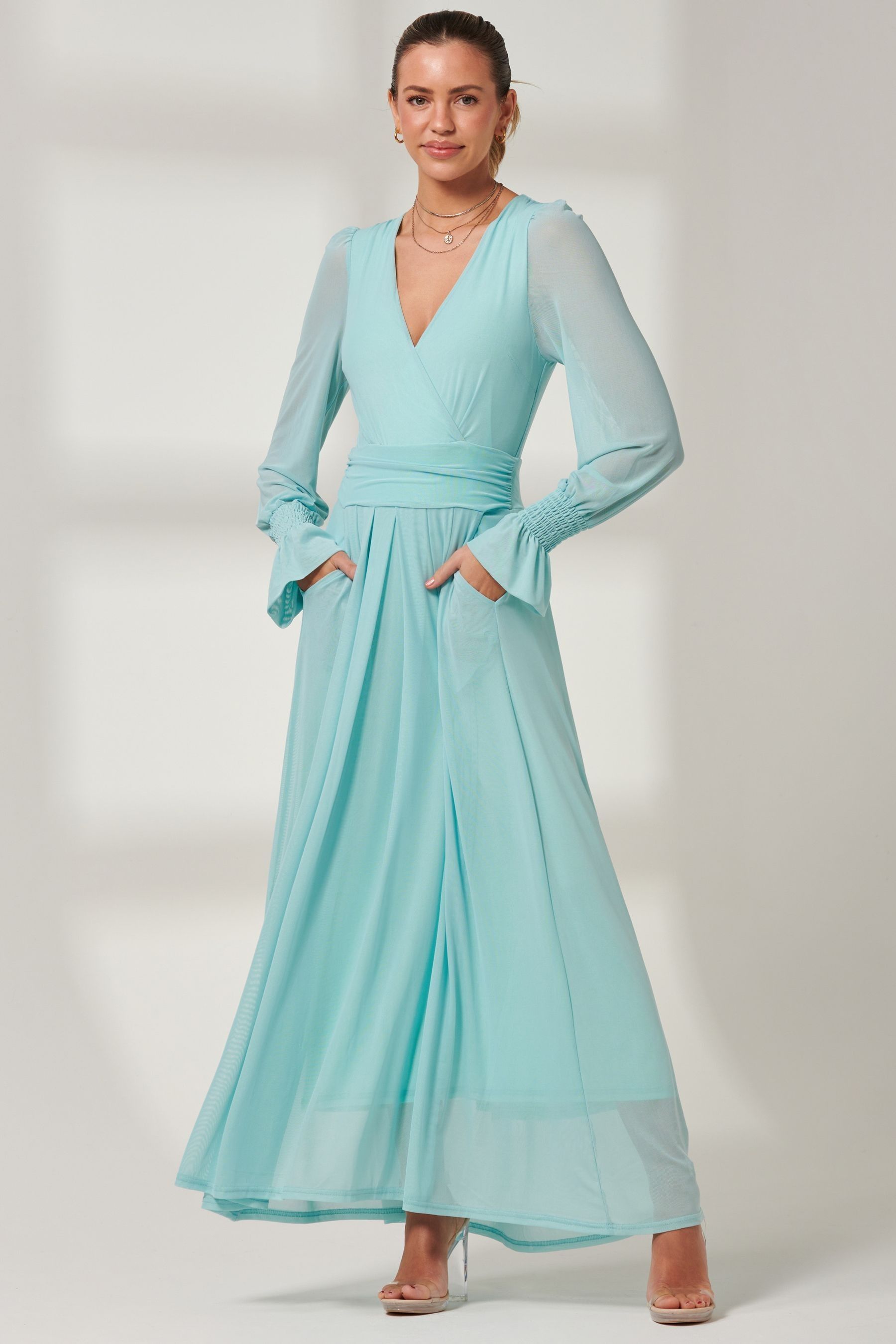 Buy Jolie Moi Light Blue Greta Long Sleeve Mesh Maxi Dress from the Next UK online shop