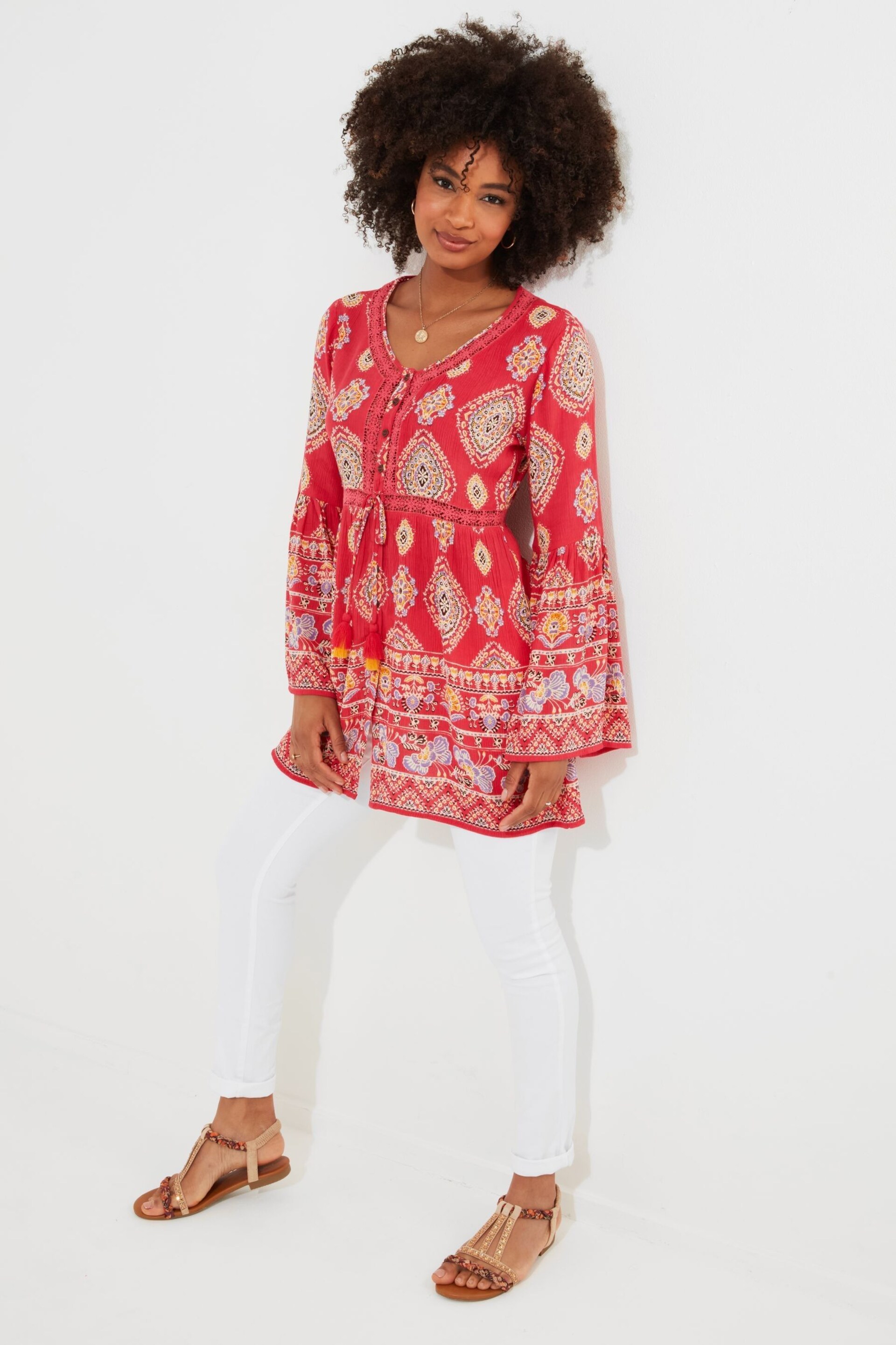 Joe Browns Orange Beachy Border Print Longline Blouse - Image 2 of 4