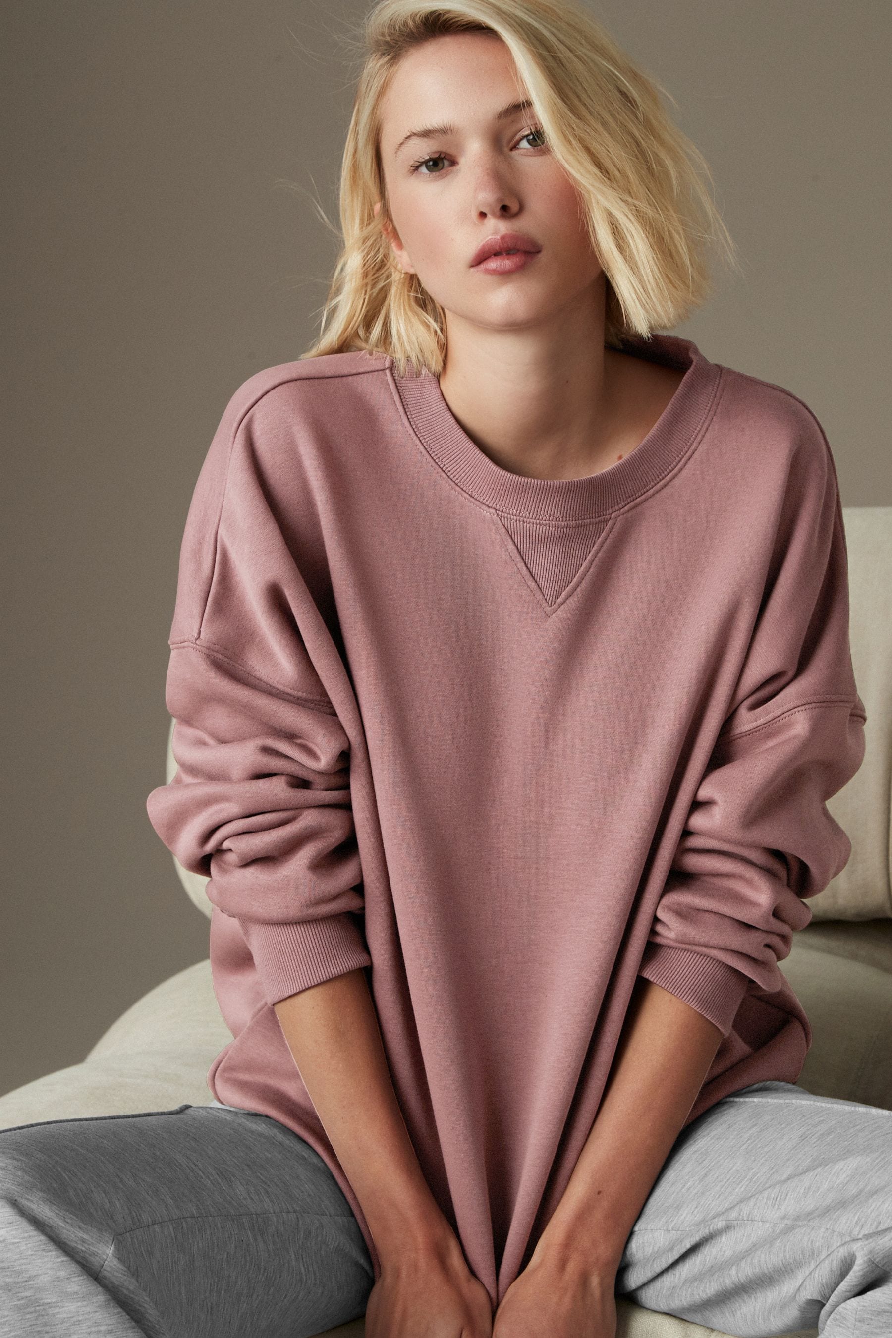 Buy Taupe Brown Oversized Relaxed Fit Heavyweight Brushed Longline Crew Neck Sweatshirt from Next Oman