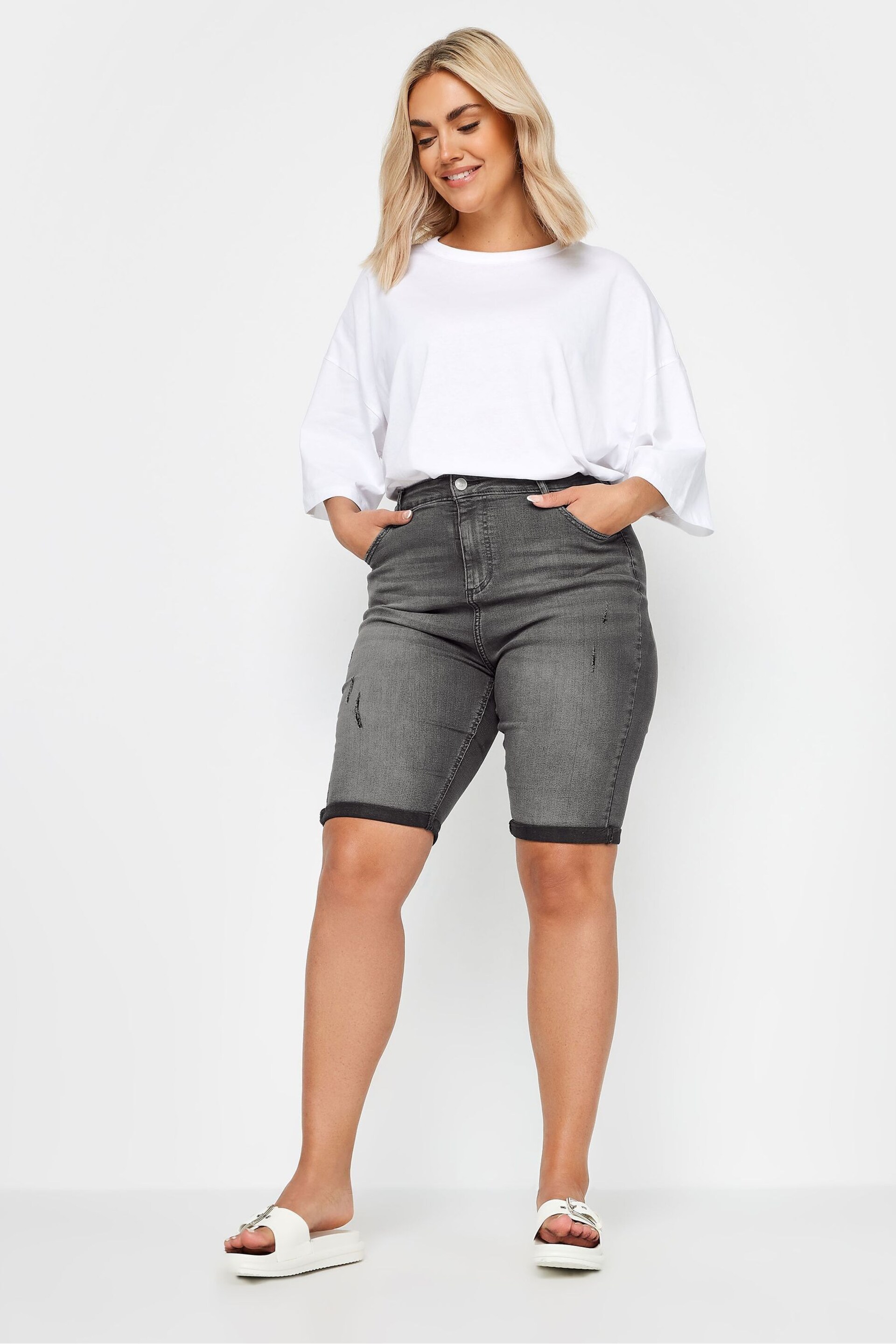 Yours Curve Grey Cat Scratch Denim Shorts - Image 2 of 5