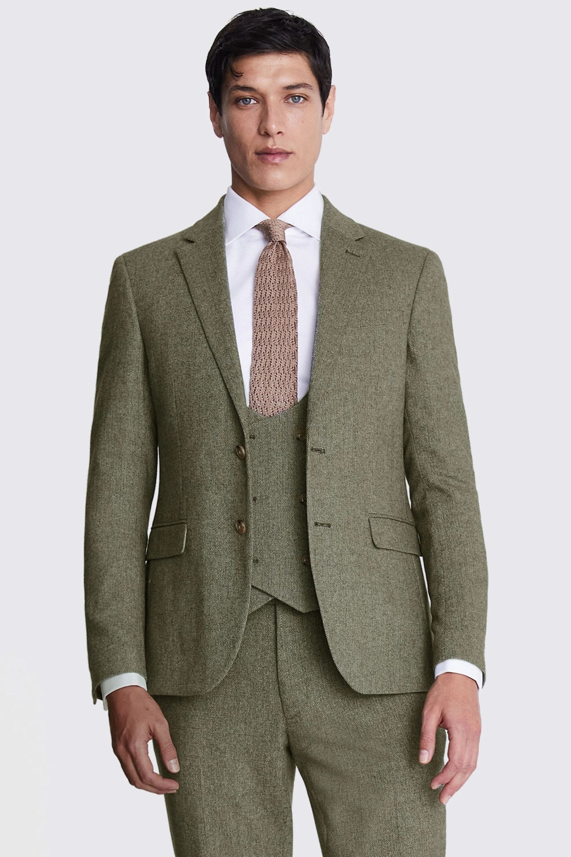 MOSS Sage Green Slim Fit Herringbone Tweed Jacket - Image 1 of 7