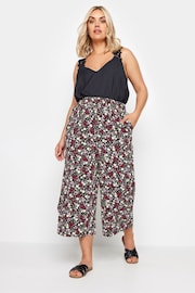 Yours Curve Black Ditsy Floral Print Wide Leg Cropped Trousers - Image 2 of 5